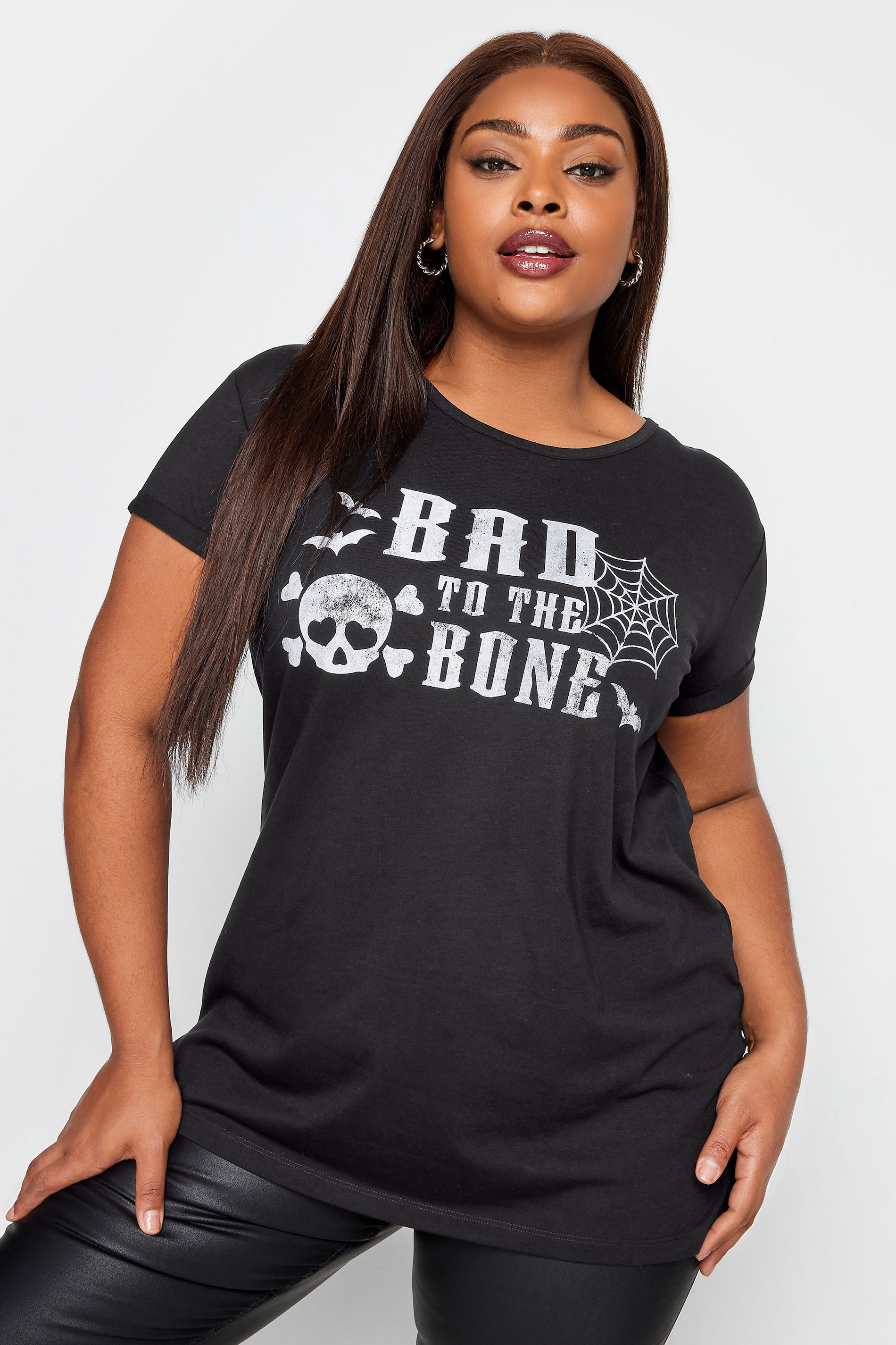 YOURS Plus Size Black Halloween 'Bad To The Bone' Slogan T-Shirt | Yours Clothing 1