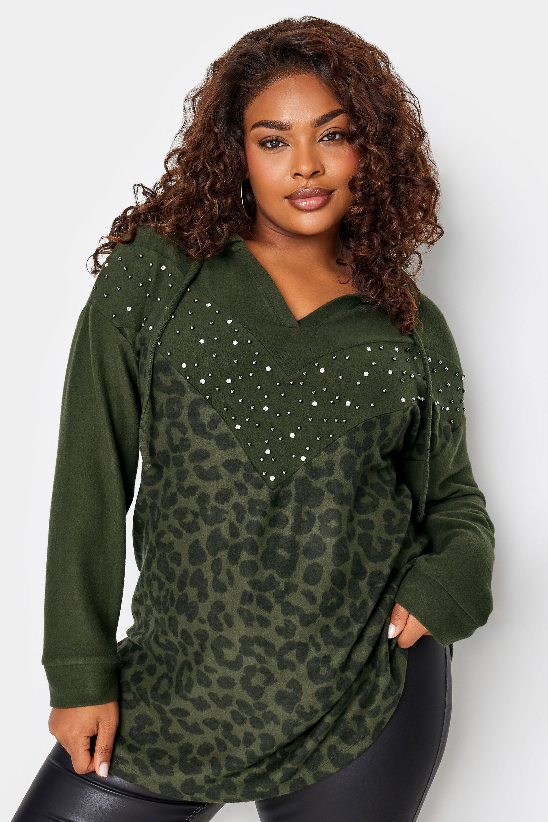 YOURS Plus Size Khaki Green Leopard Print Embellished Hoodie | Yours Clothing 1