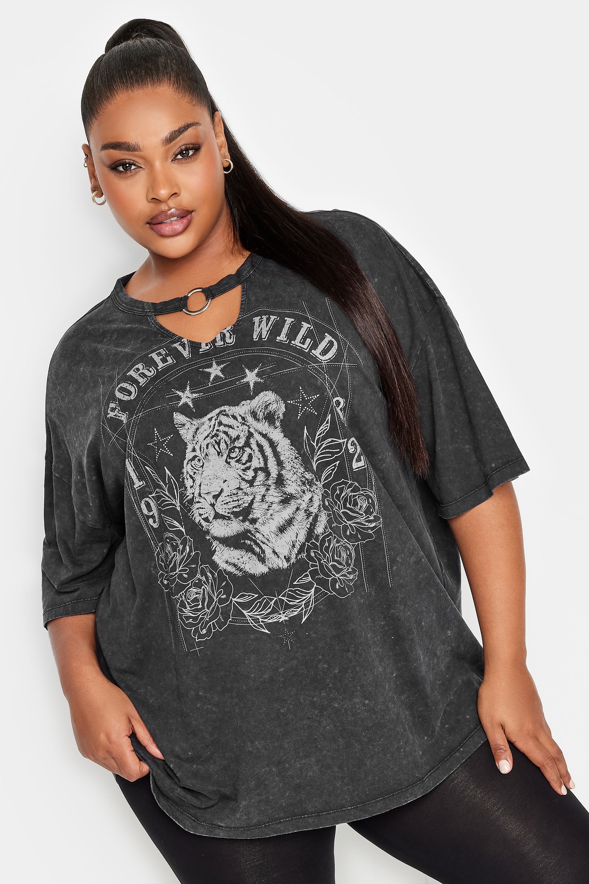 YOURS Plus Size Charcoal Grey 'Forever Wild' Print Ring Detail T-Shirt | Yours Clothing  1