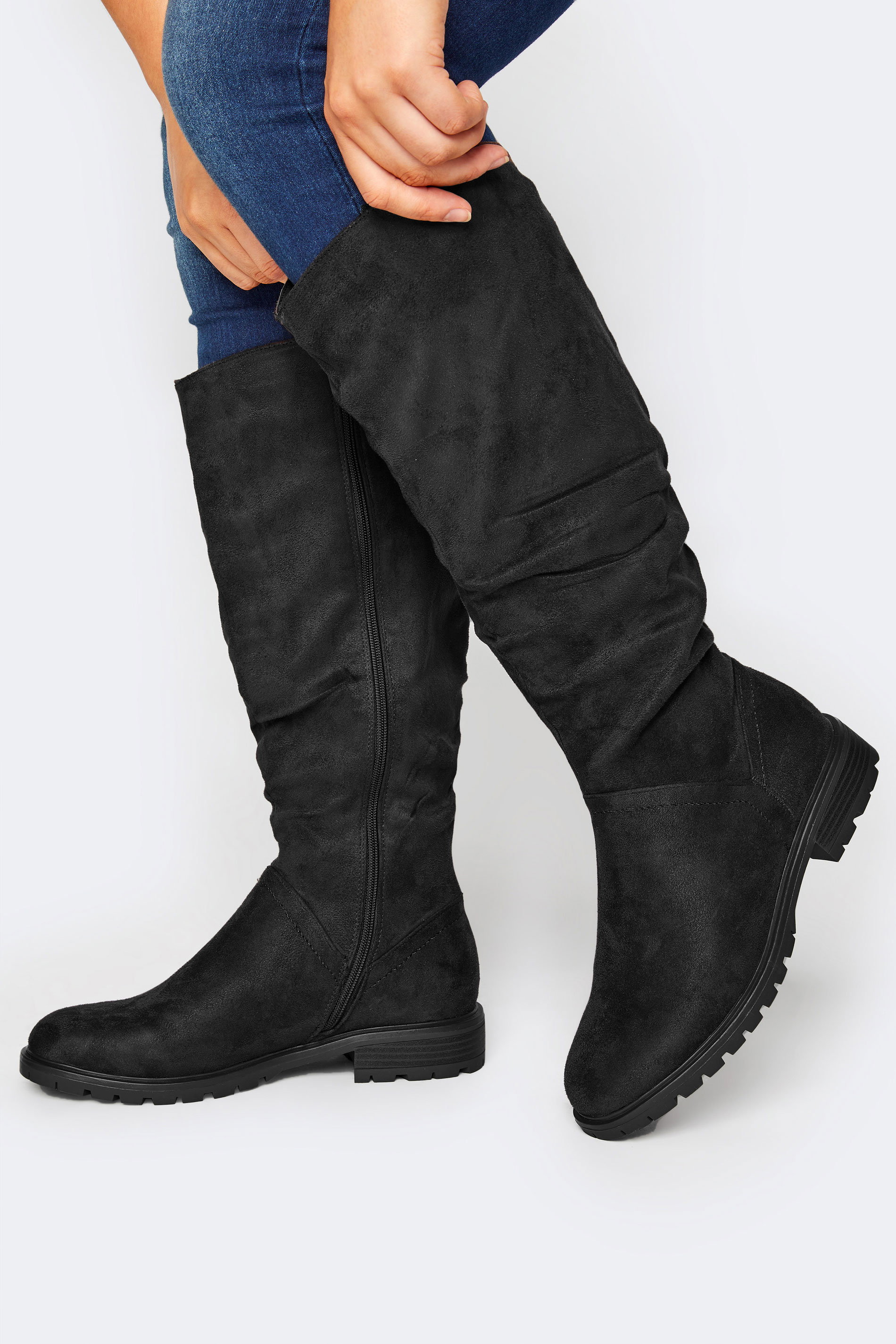 Black Ruched Cleated Boots In Wide E Fit & Extra Wide EEE Fit| Yours Clothing 1