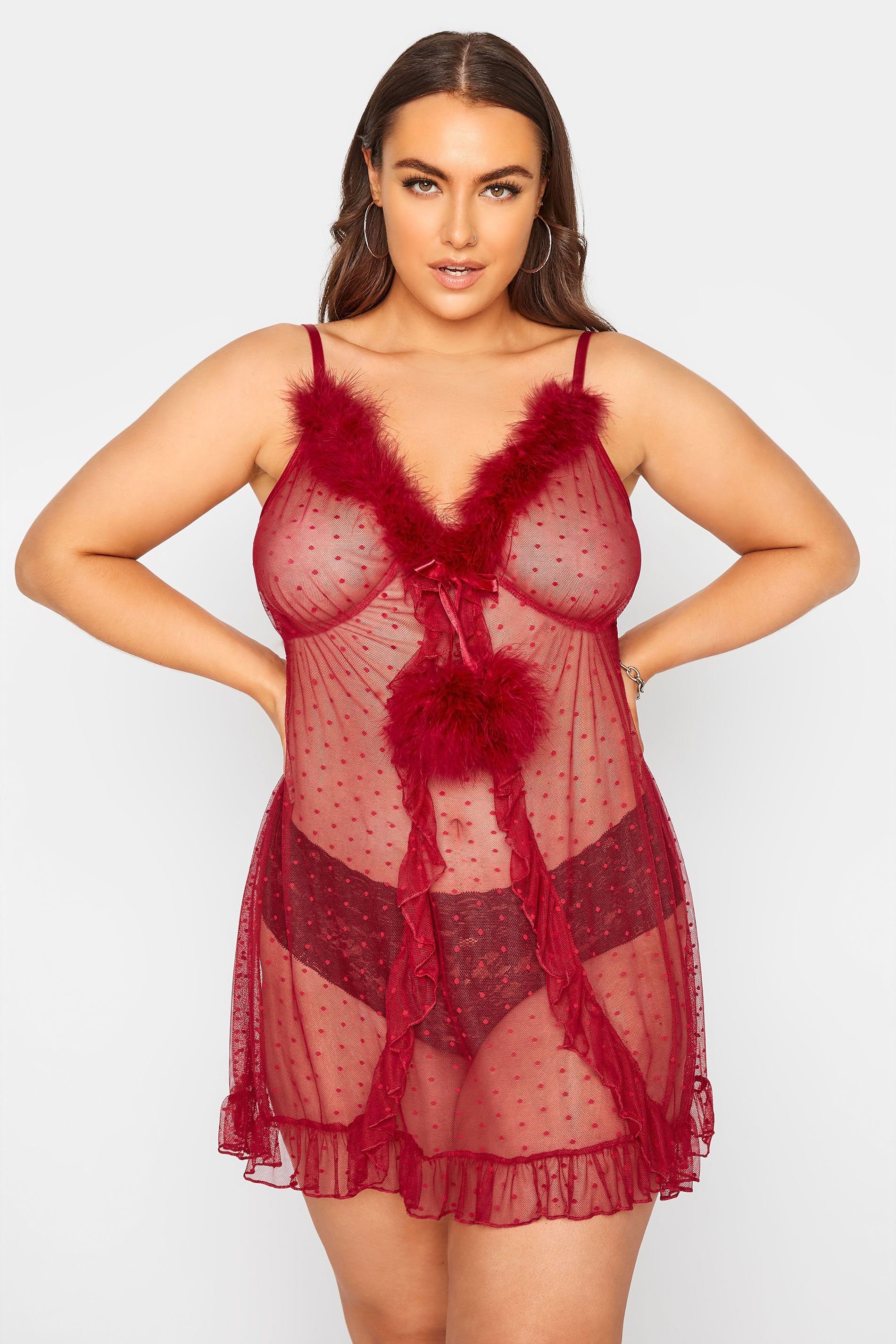 Plus Size Red Boudior Mesh Spot Print Babydoll | Yours Clothing 1