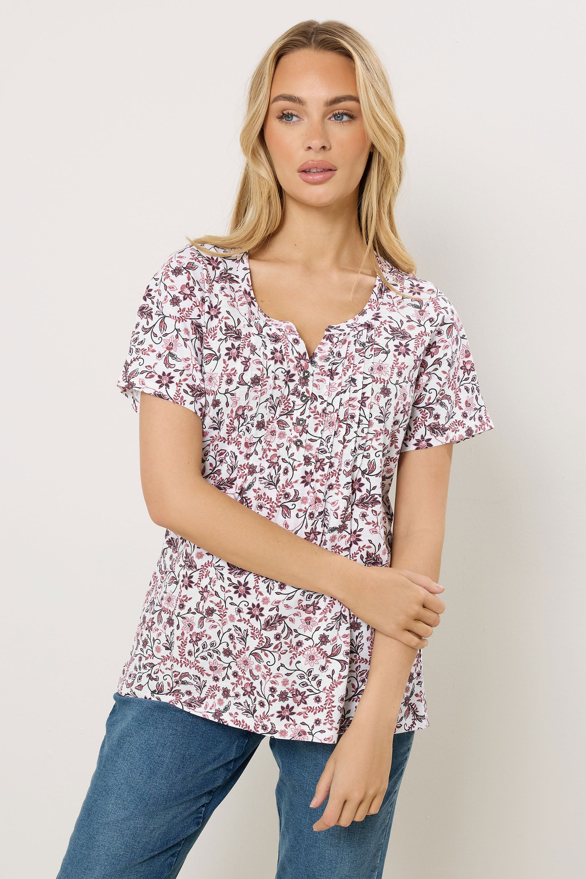 M&Co Pink Floral Short Sleeve Henley Top | M&Co 3