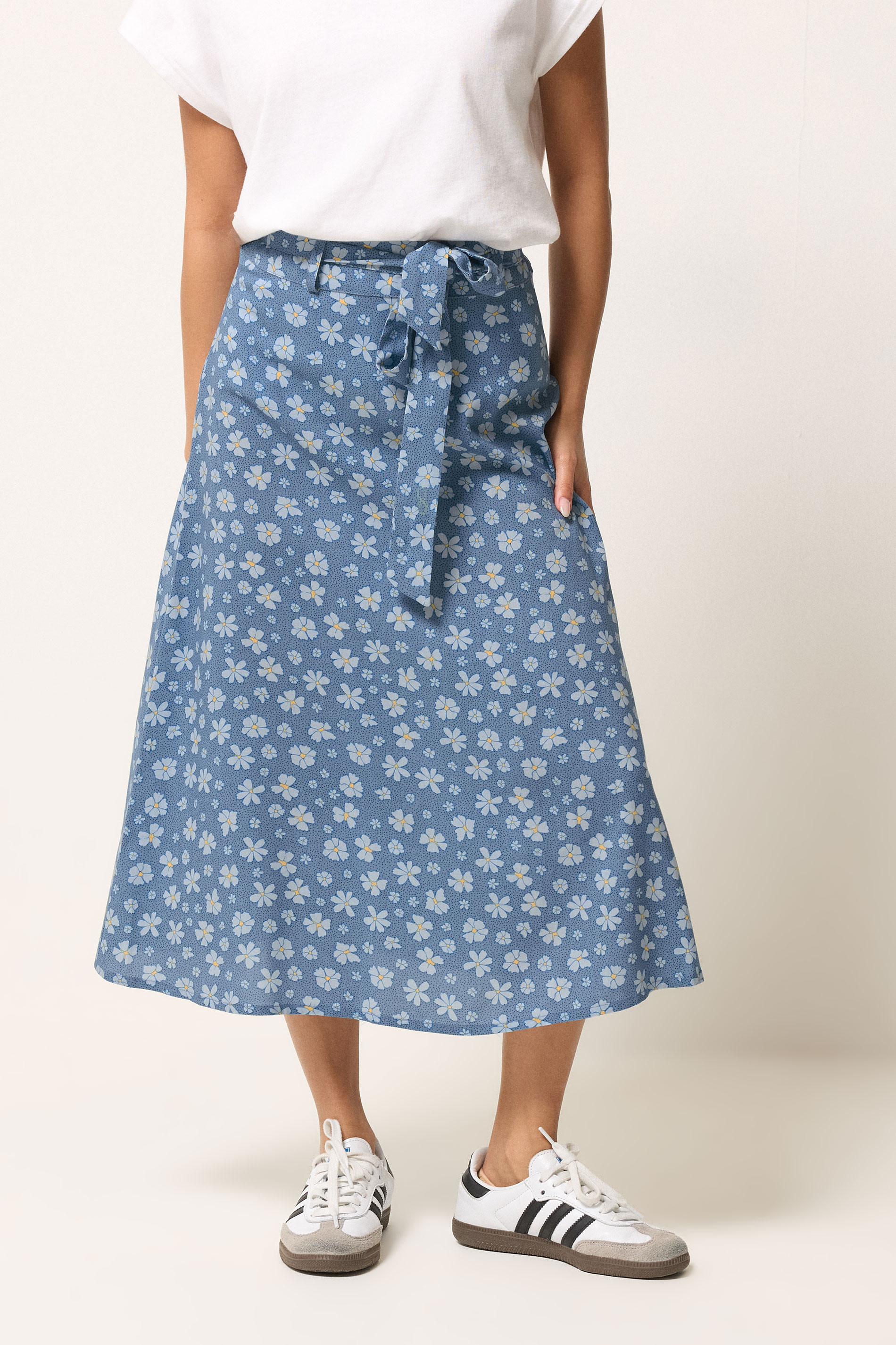 PixieGirl Petite Women's Blue Daisy Belted Midi Skirt | PixieGirl 1