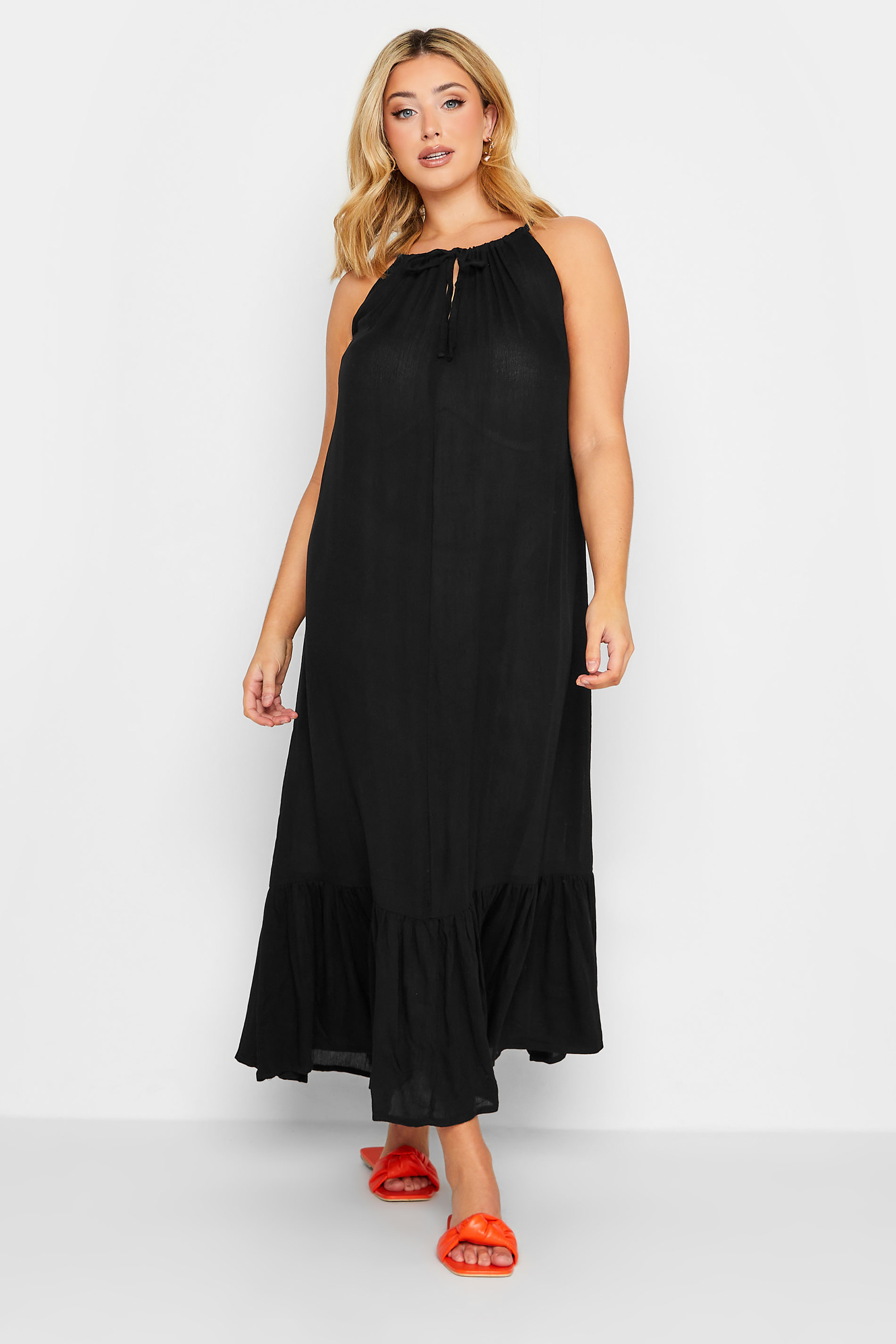 YOURS Curve Plus Size Black Keyhole Tiered Beach Dress | Yours Clothing  1