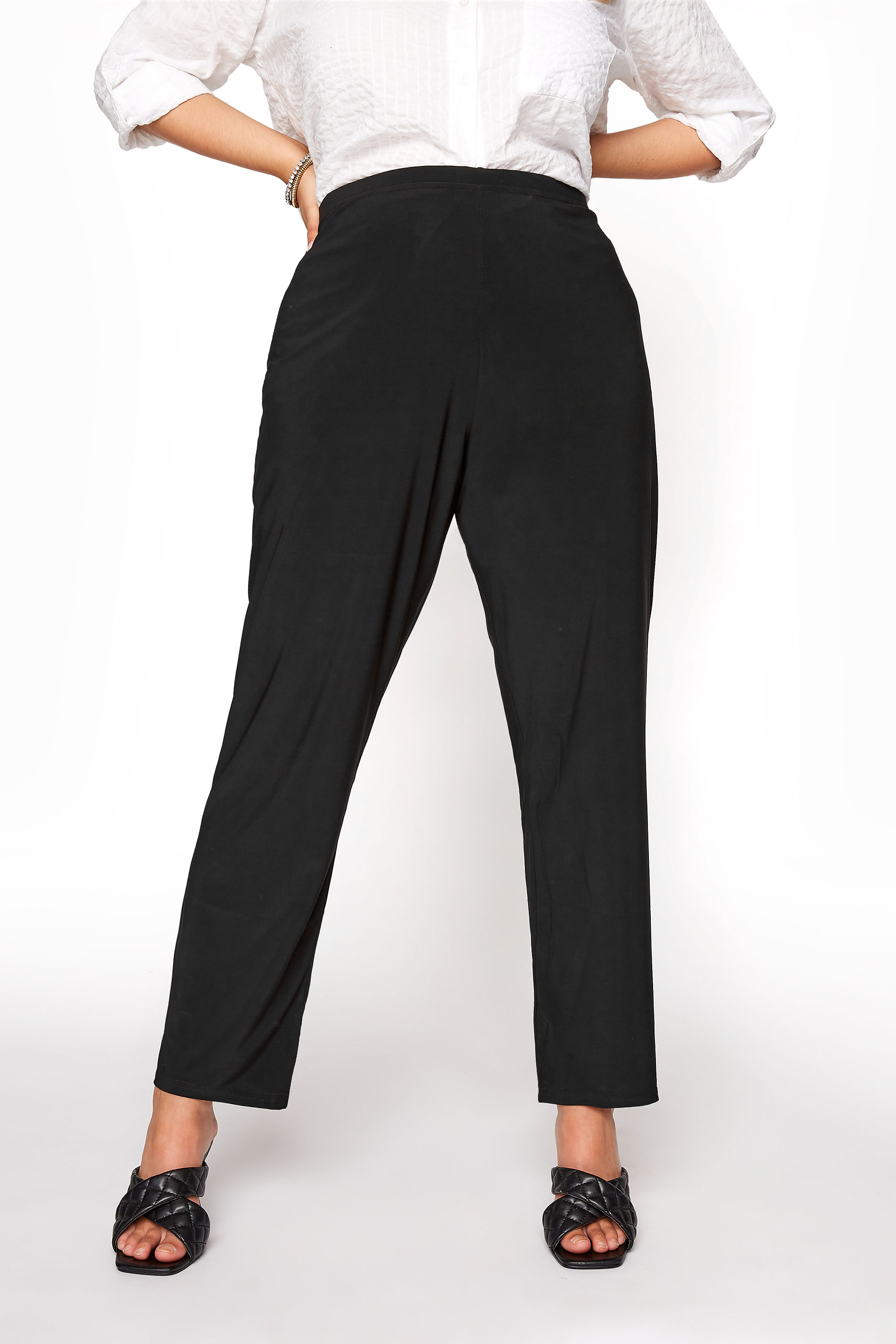Plus Size Black Pull On Flat Front Straight Leg Trousers | Yours Clothing 1