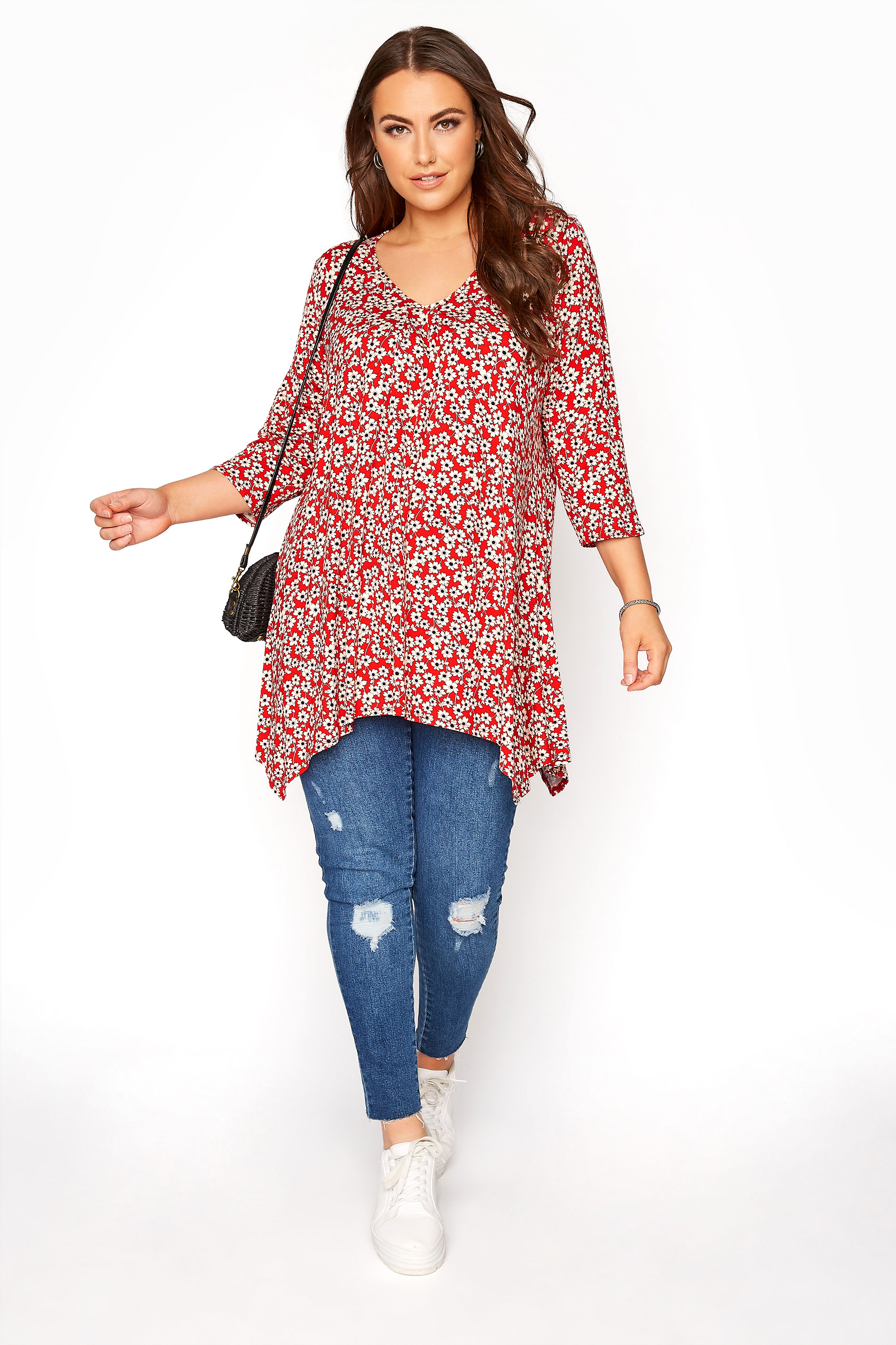 Red and White Floral Pleat Front Hanky Hem Top | Yours Clothing