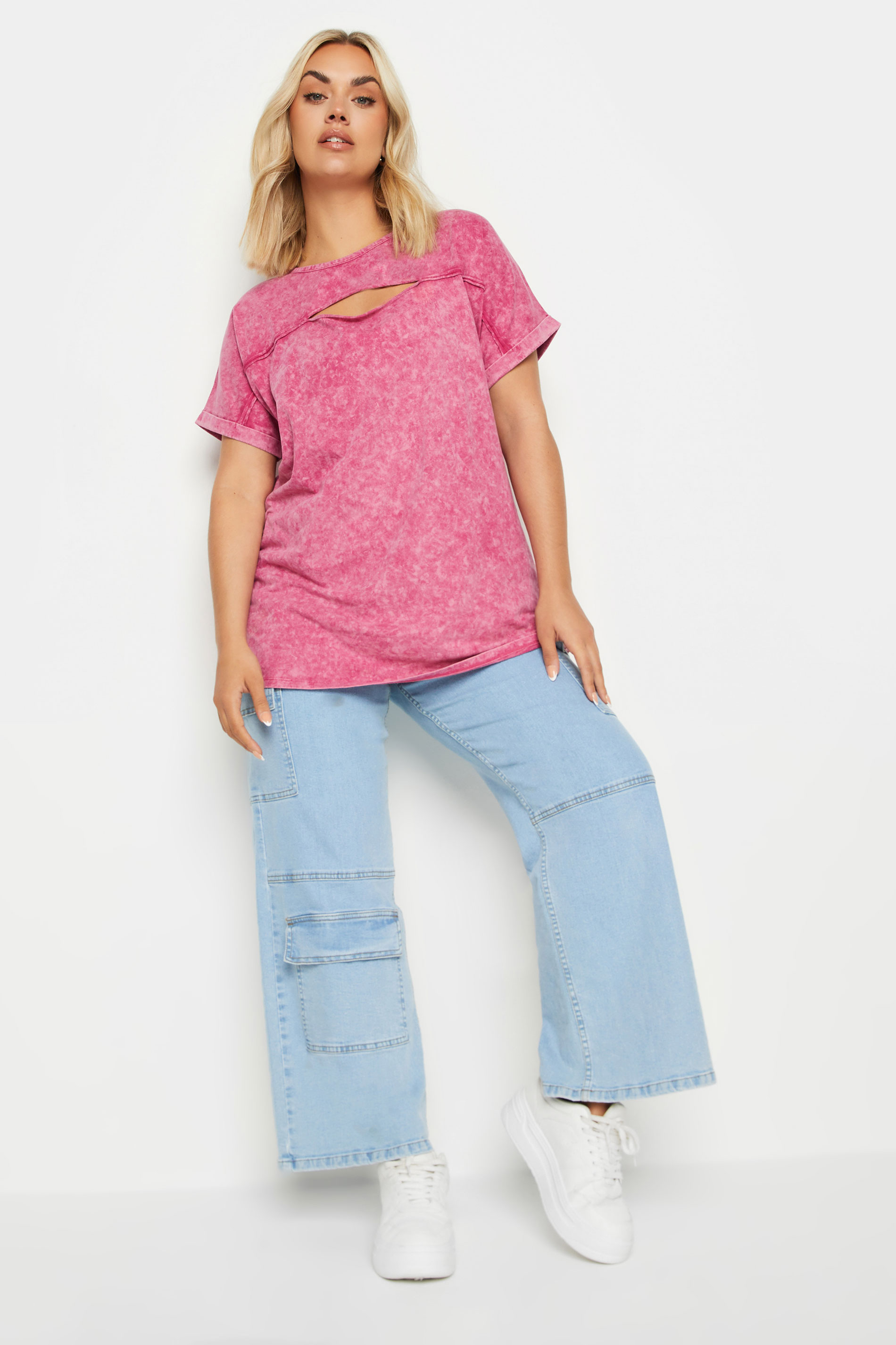 YOURS Plus Size Pink Acid Wash Cut Out T-Shirt | Yours Clothing 2