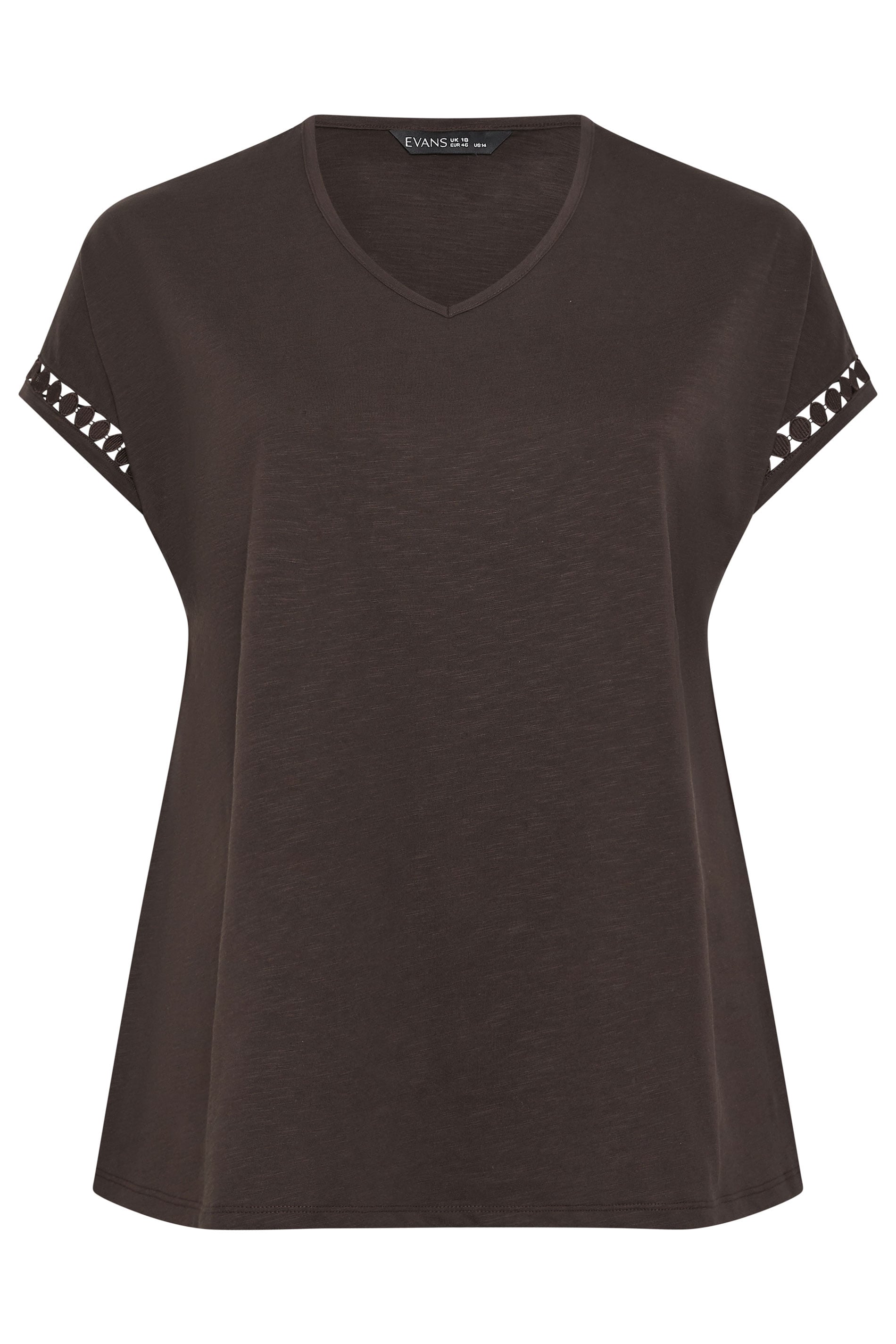 EVANS Plus Size Chocolate Brown Crochet Trim Cotton V Neck T-Shirt | Evans 5