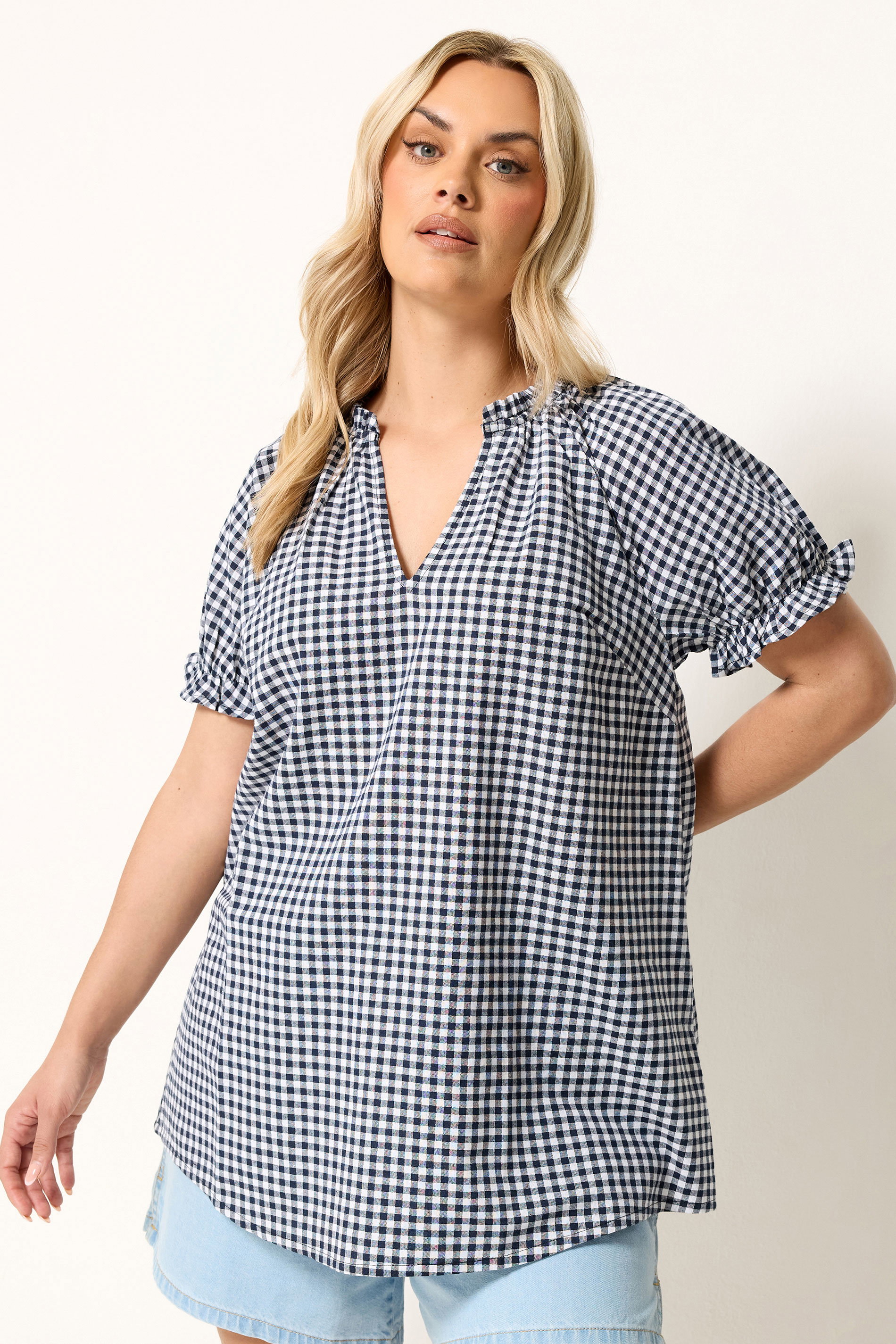 YOURS Plus Size Navy Blue Gingham Notch Neck Blouse | Yours Clothing 3