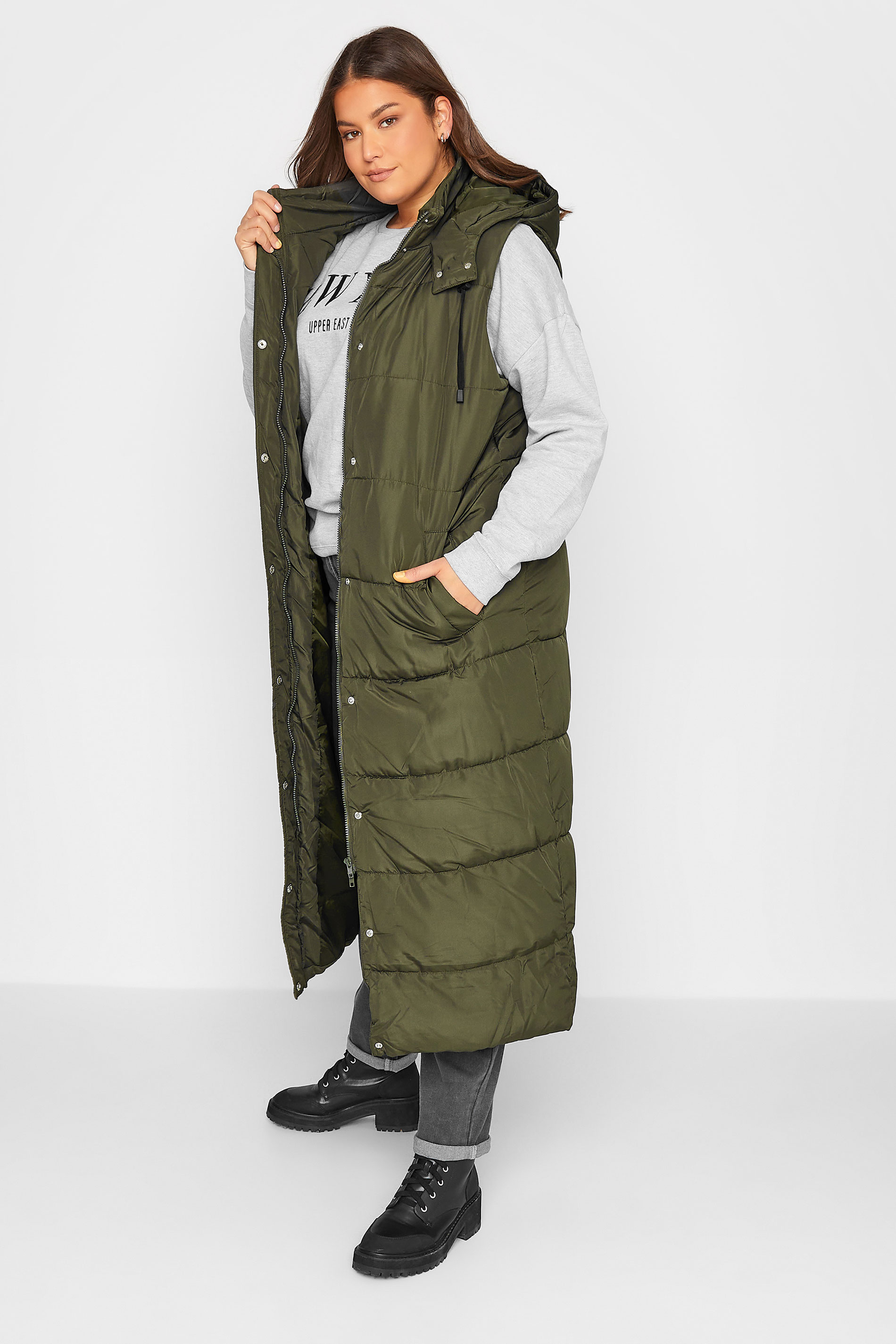 LTS Tall Women's Khaki Green Hooded Midaxi Puffer Gilet | Long Tall Sally 2