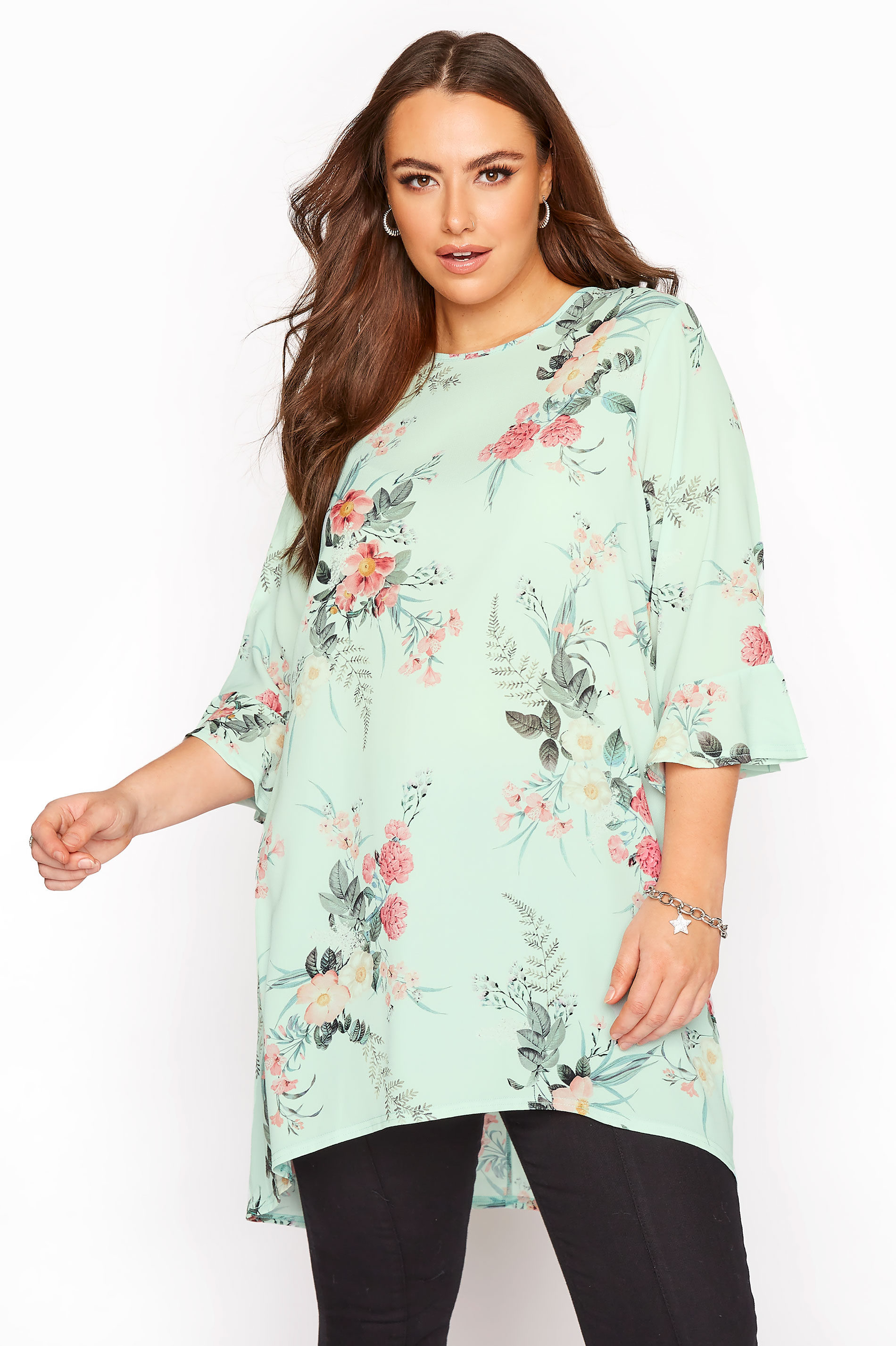 YOURS LONDON Sage Green Floral Flute Sleeve Tunic | Yours Clothing