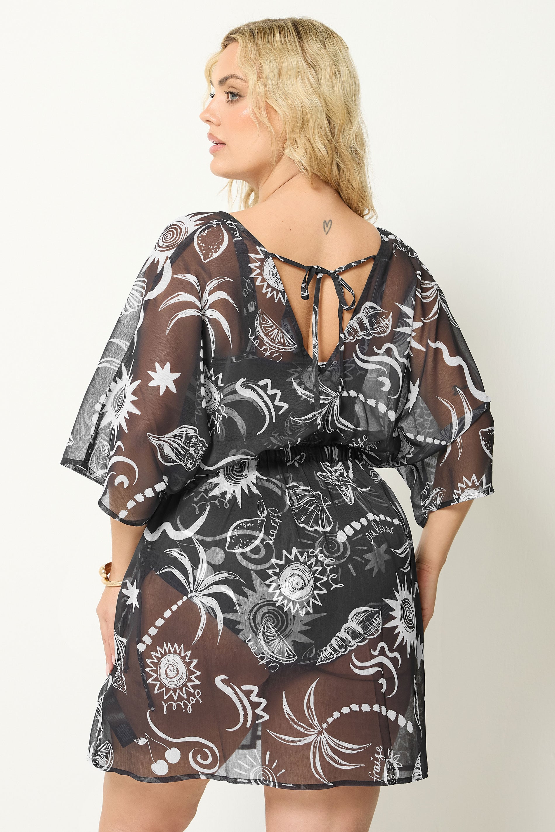 YOURS Plus Size Black Beach Print Mesh Flower Print Beach Kaftan | Yours Clothing 2