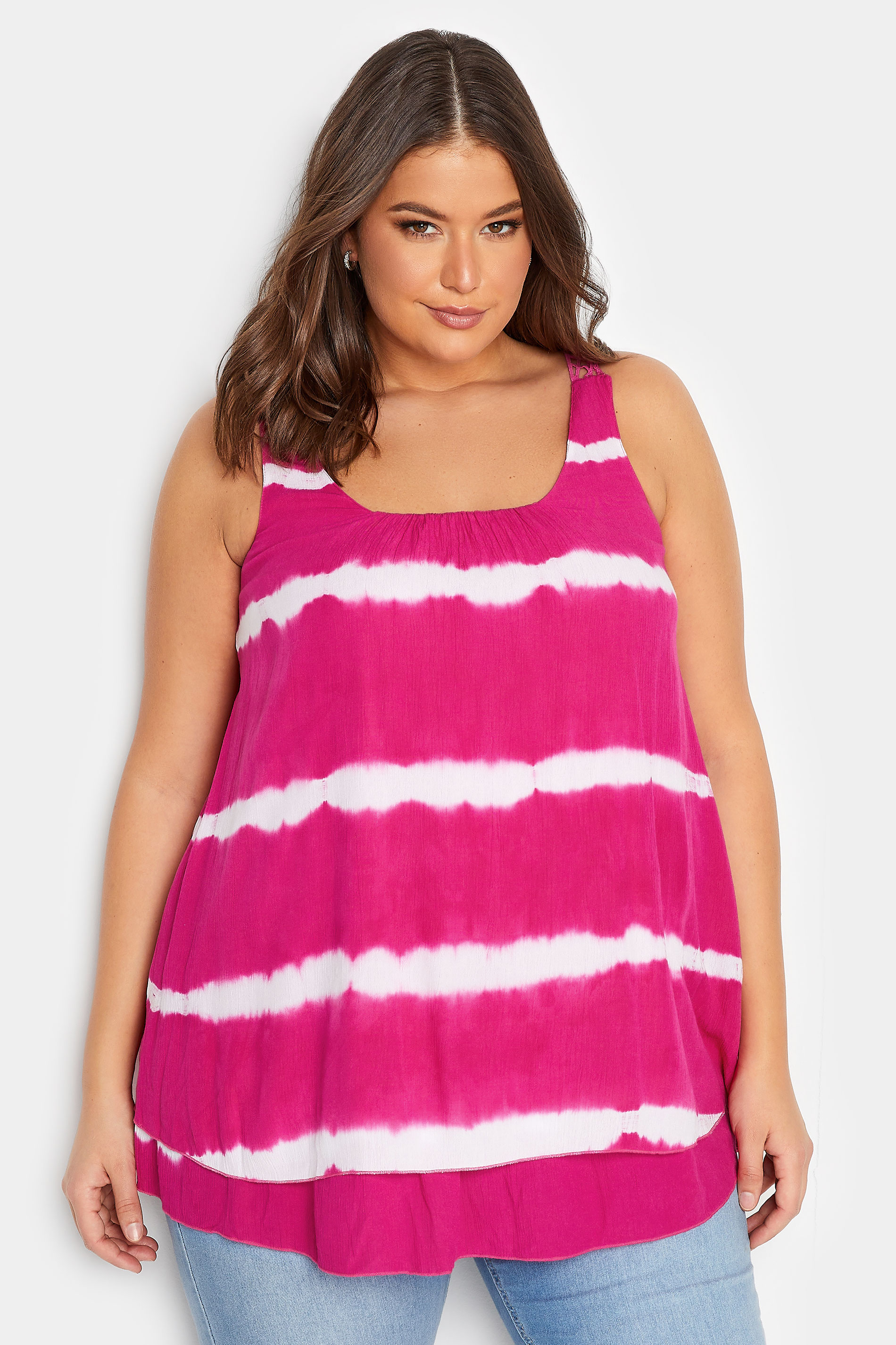 YOURS Plus Size Pink Tie Dye Crinkle Crochet Back Vest Top | Yours Clothing 3