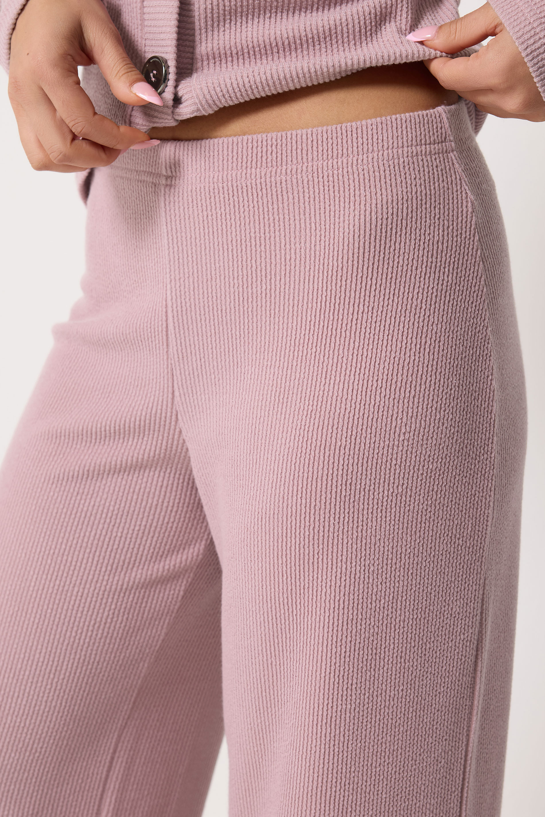 PixieGirl Petite Women's Light Pink Ribbed Wide Leg Trousers | PixieGirl 4