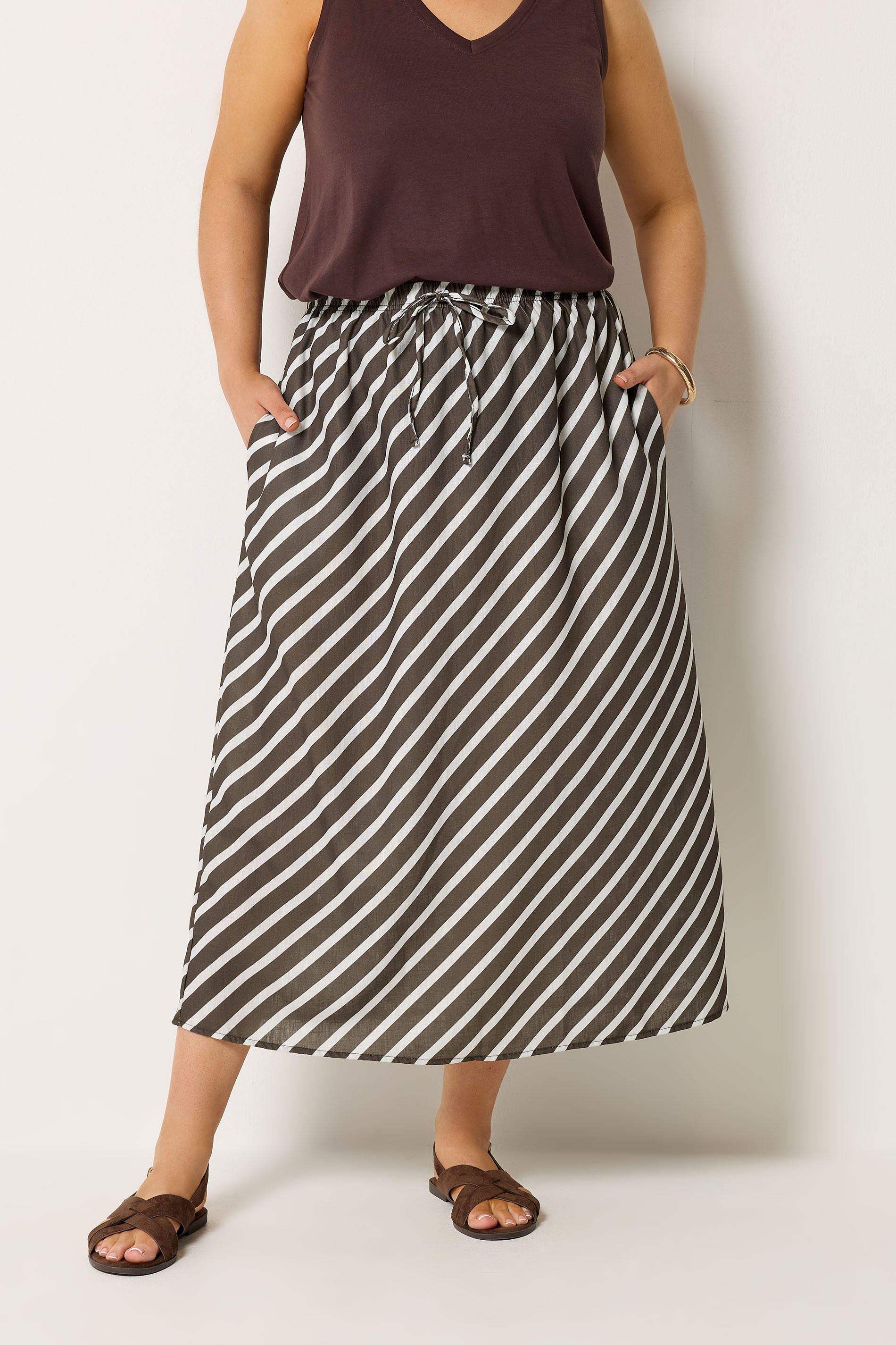 Yours Women's Brown Plus Chocolate Linen Look Stripe Skirt Size 14