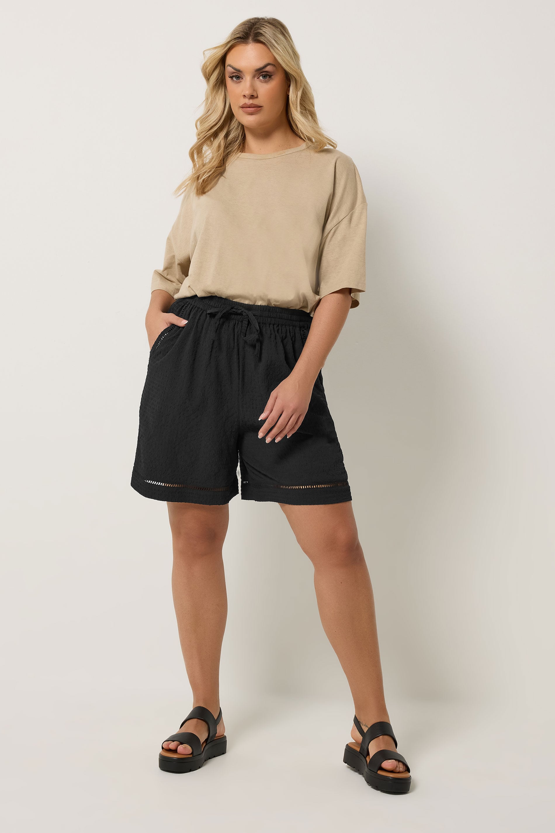YOURS Plus Size Black Ladder Detail Shorts | Yours Clothing 1
