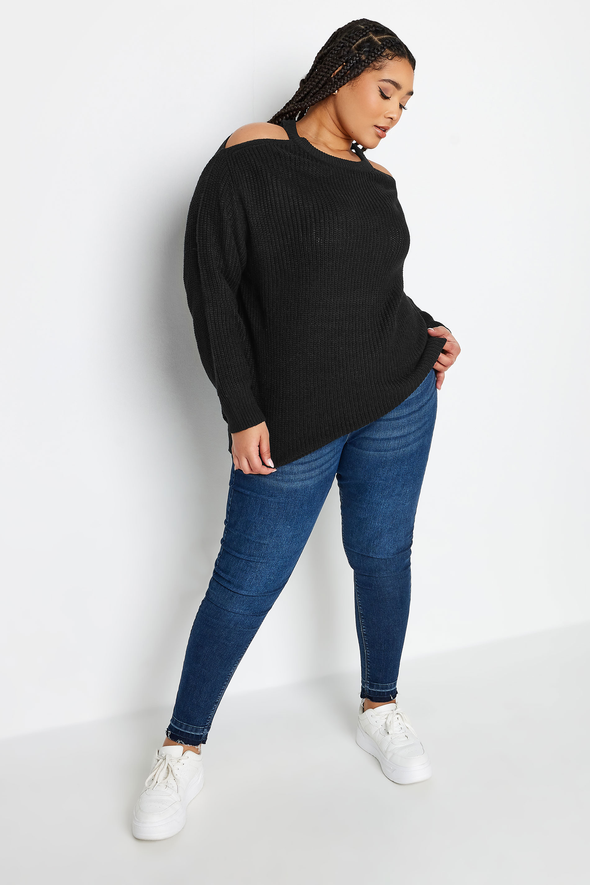 YOURS Plus Size Black Cold Shoulder Knitted Jumper | Yours Clothing 2