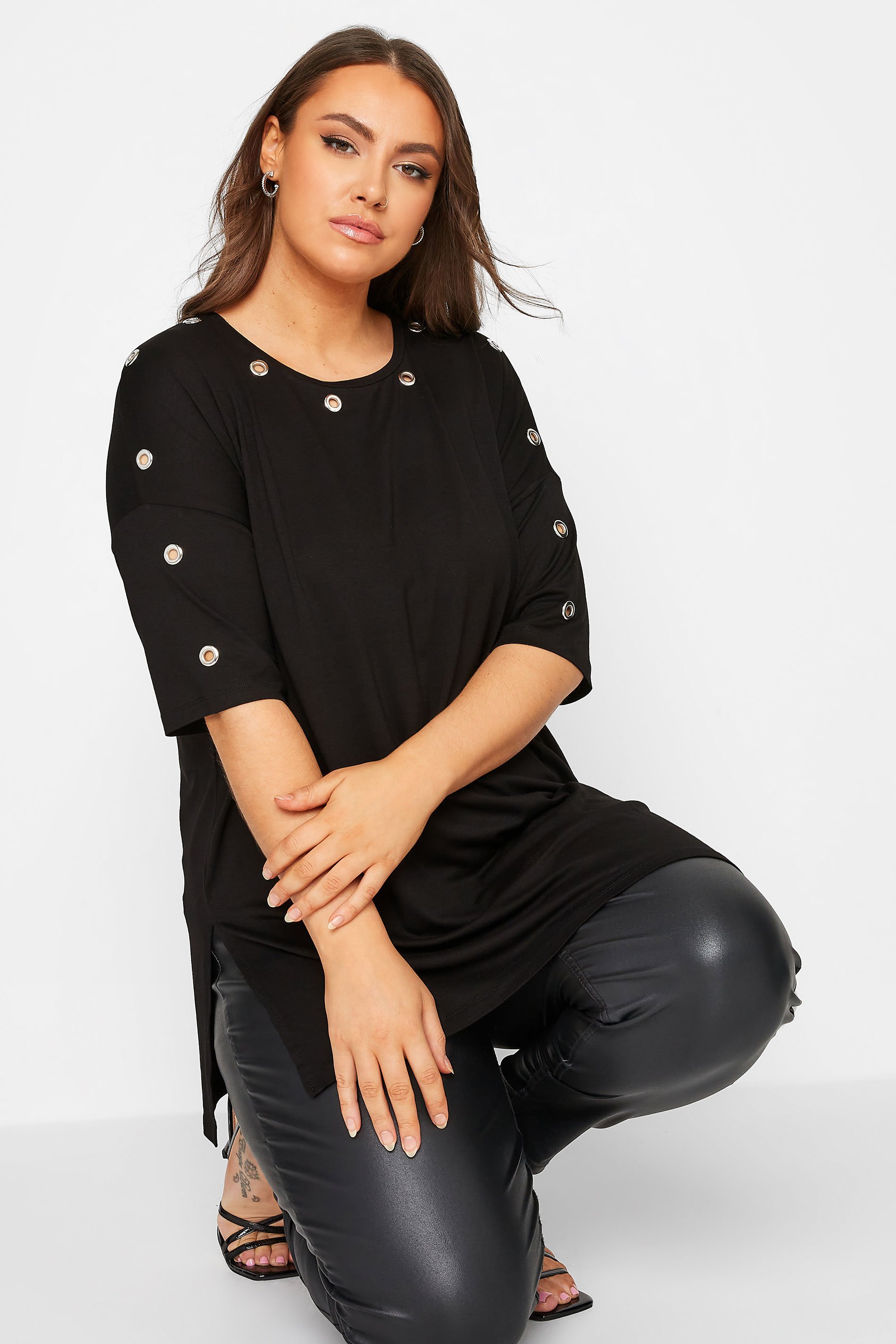 Plus Size Black Eyelet Detail Oversized T-Shirt | Yours Clothing