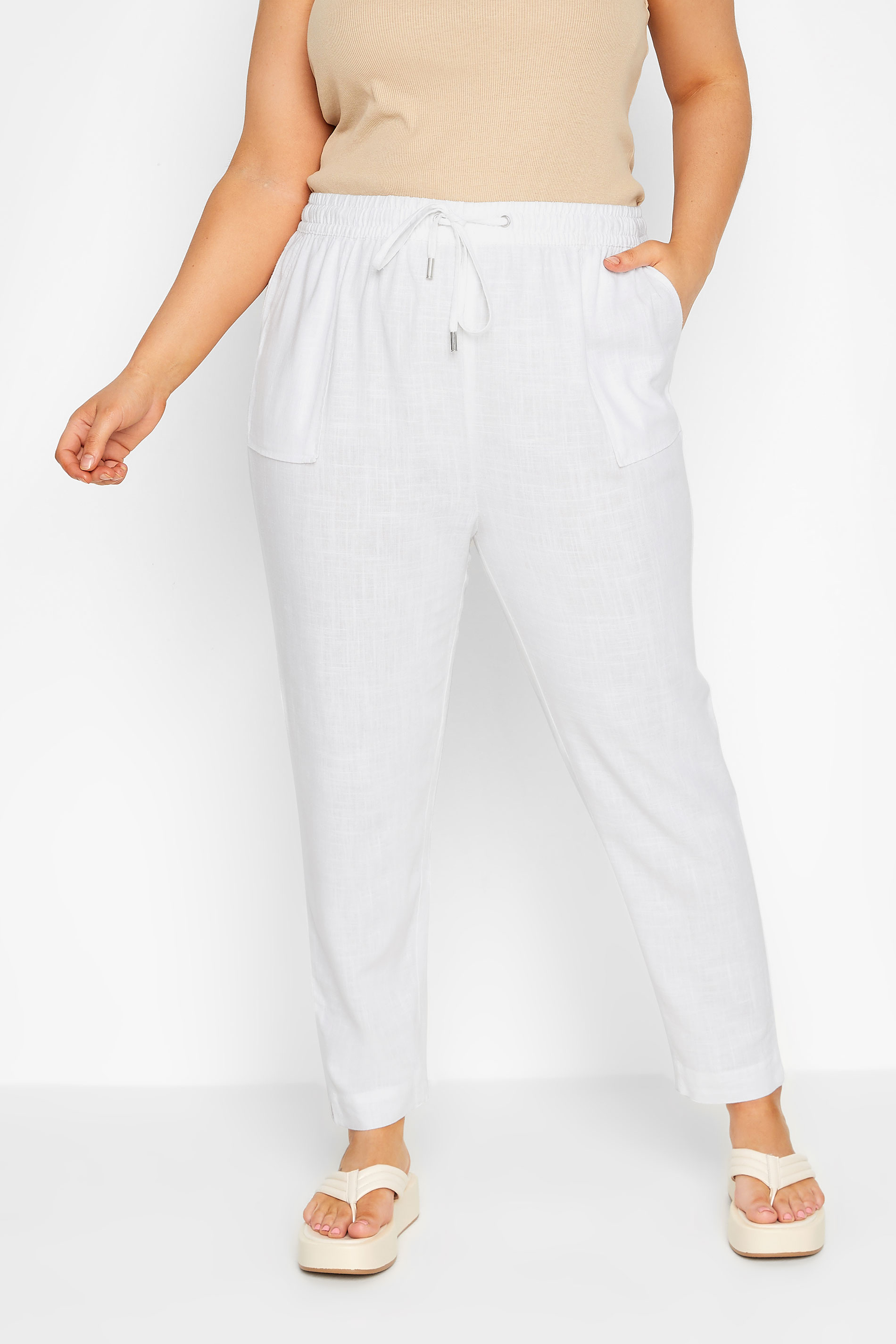 YOURS Curve White Linen Look Joggers | Yours Clothing  1