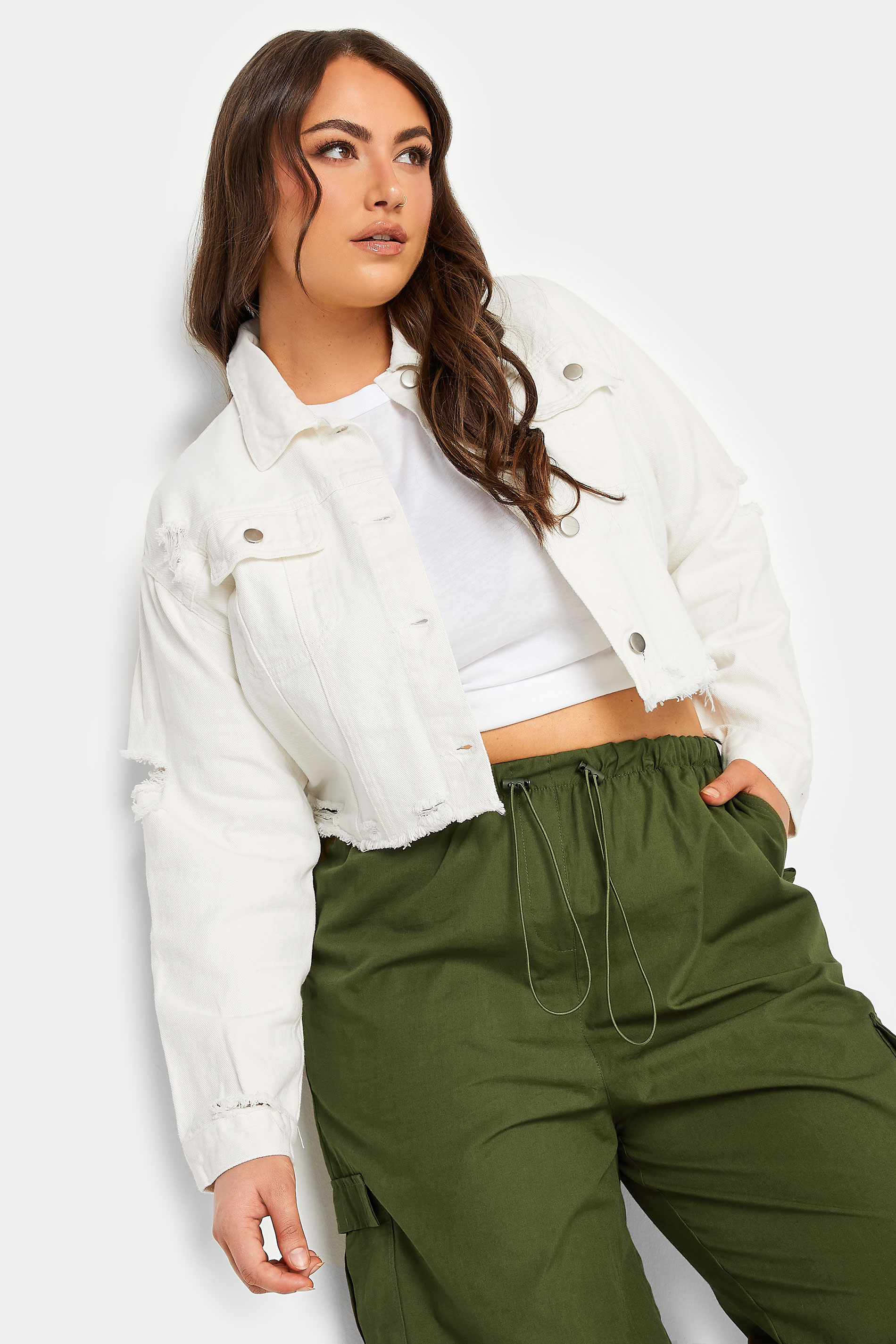Plus Size White Cropped Distressed Denim Jacket | Yours Clothing  2