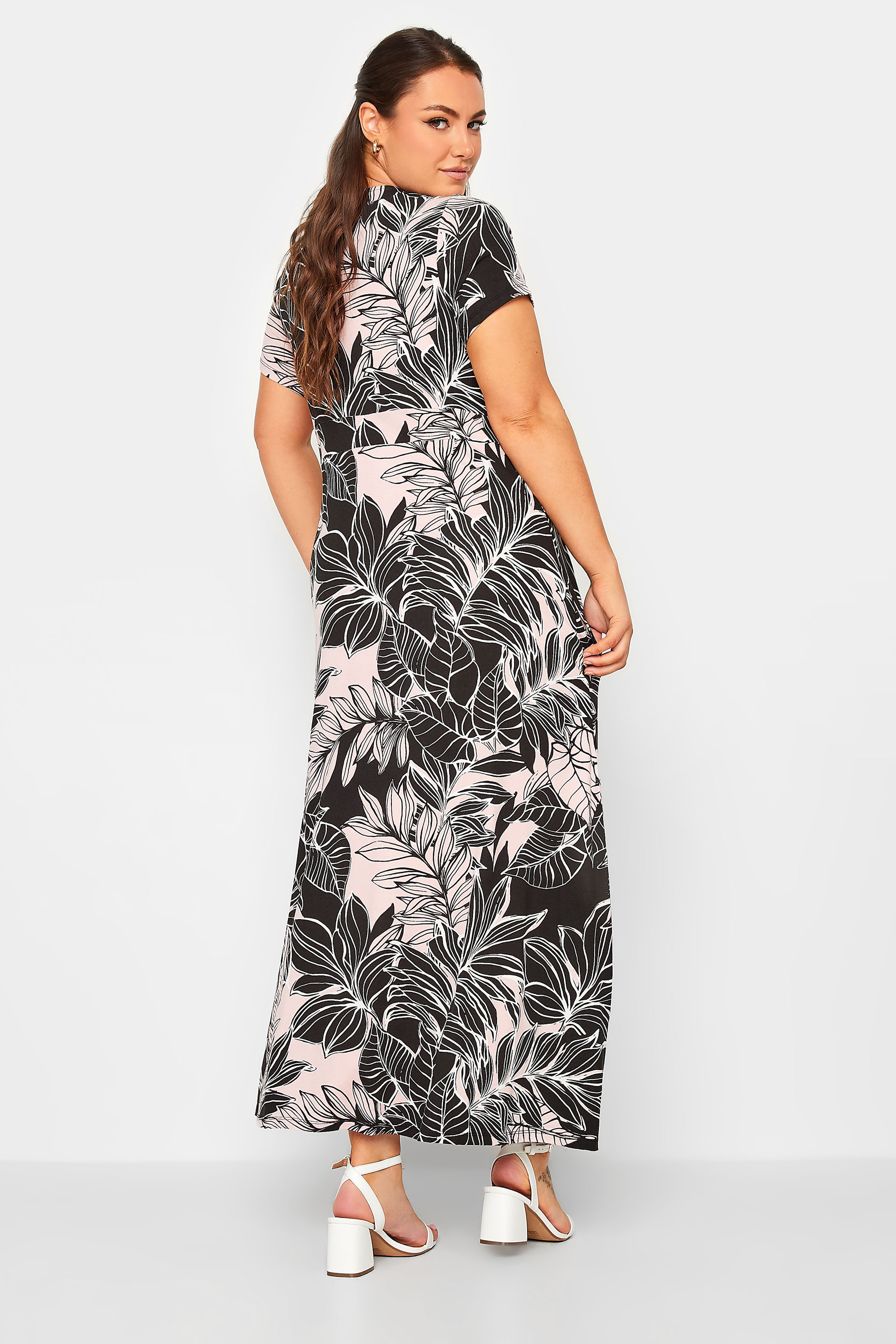 YOURS Curve Black & Pink Leaf Print  Midaxi Wrap Dress | Yours Clothing  3