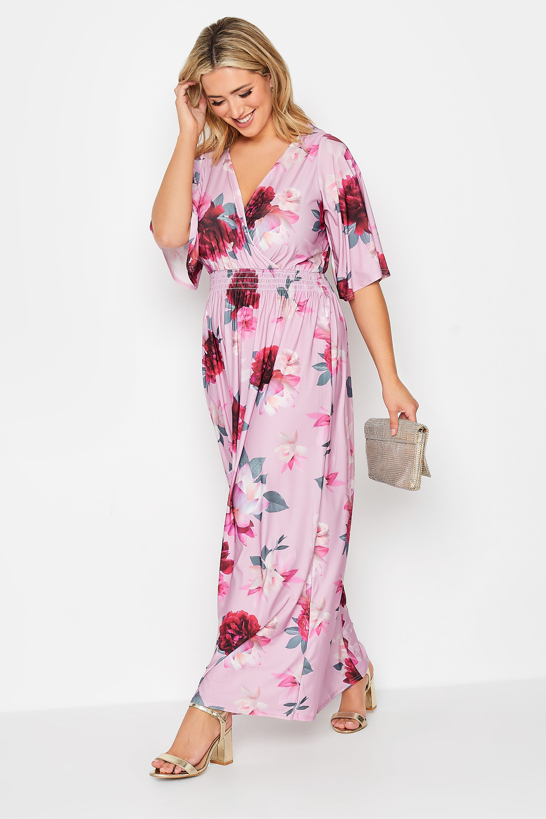 YOURS LONDON Plus Size Pink Floral Shirred Maxi Dress | Yours Clothing  2