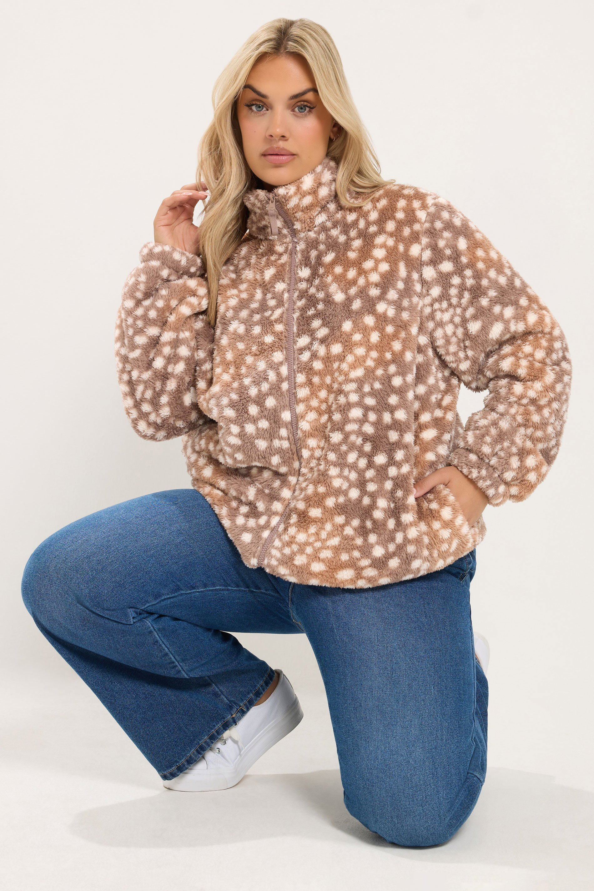 Yours Bruine Fleece Met Hertenprint En Doorlopende Ritssluiting Size 42