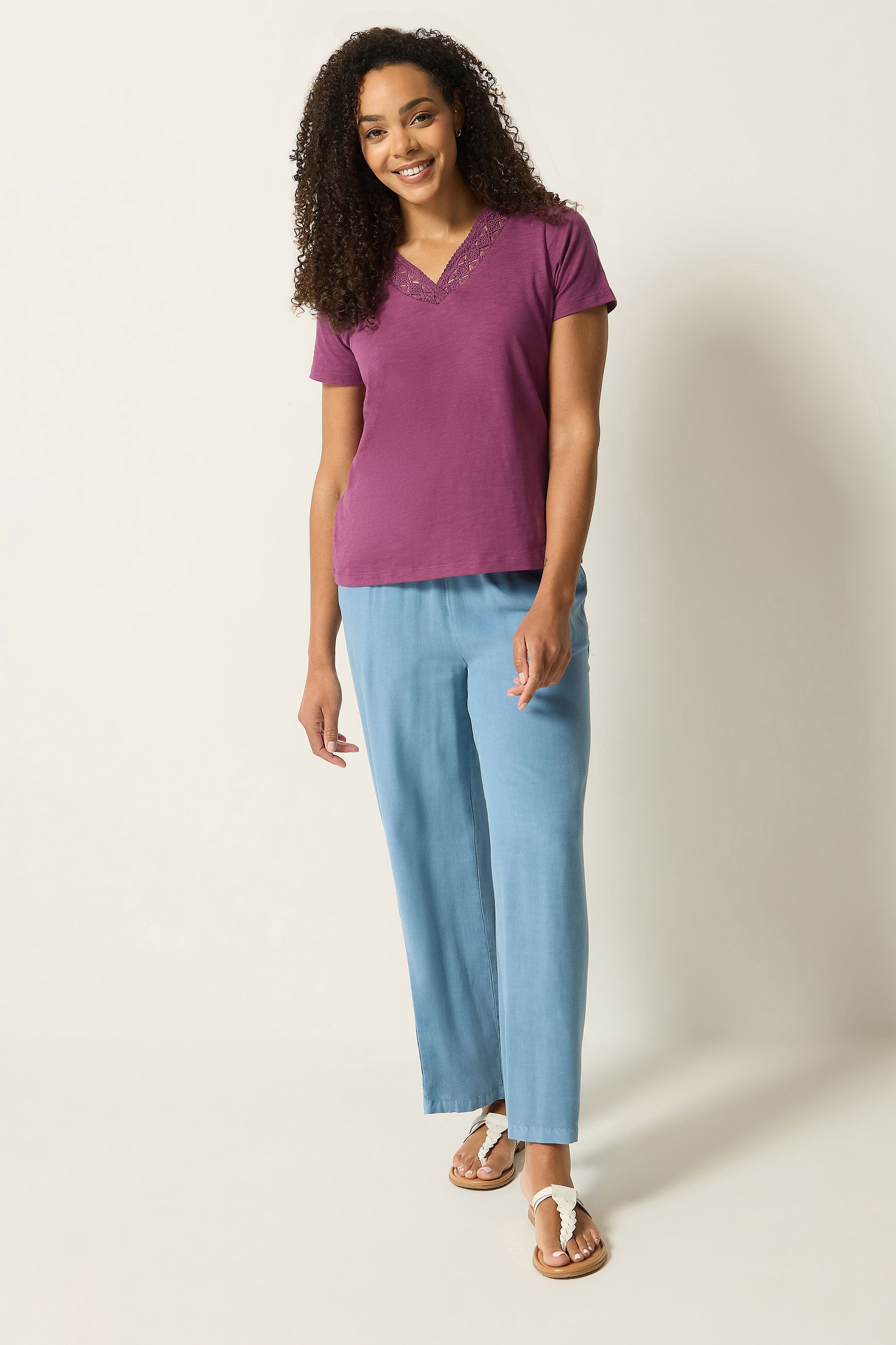 M&Co Berry Purple Lace Trim V-Neck Cotton T-Shirt | M&Co 1