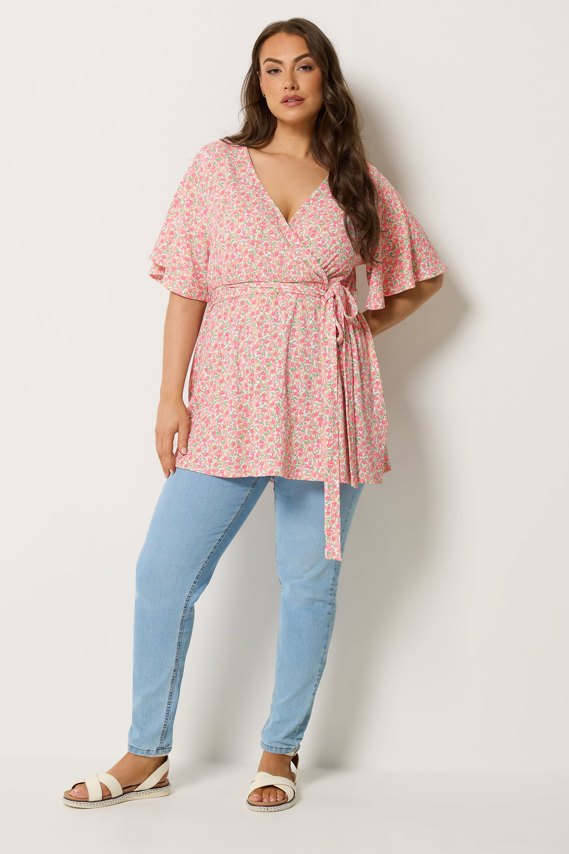 YOURS Plus Size Pink Floral Textured Wrap Top | Yours Clothing 1