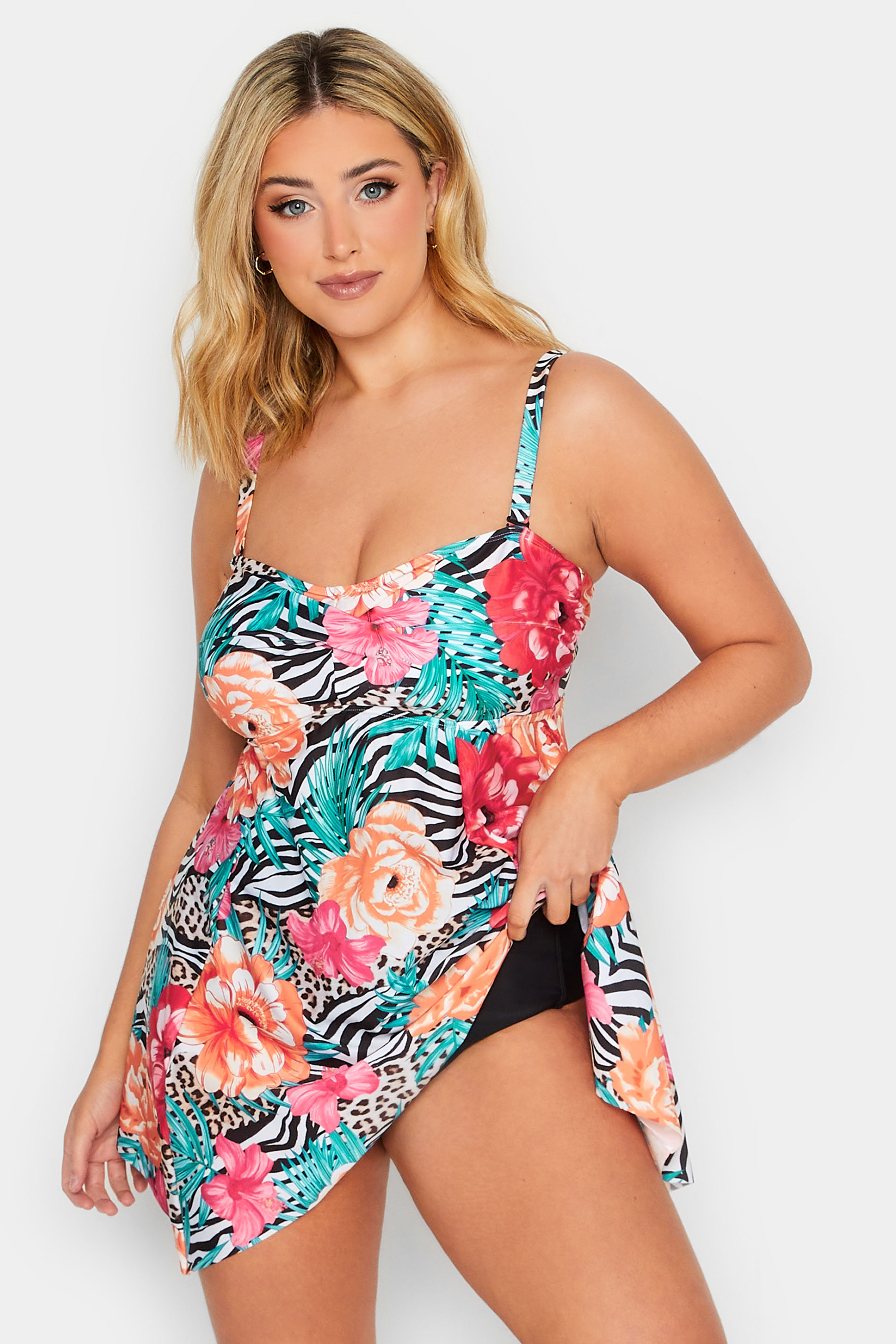 YOURS Curve Plus Size White Mixed Tropical Print Hanky Tankini Top | Yours Clothing 1