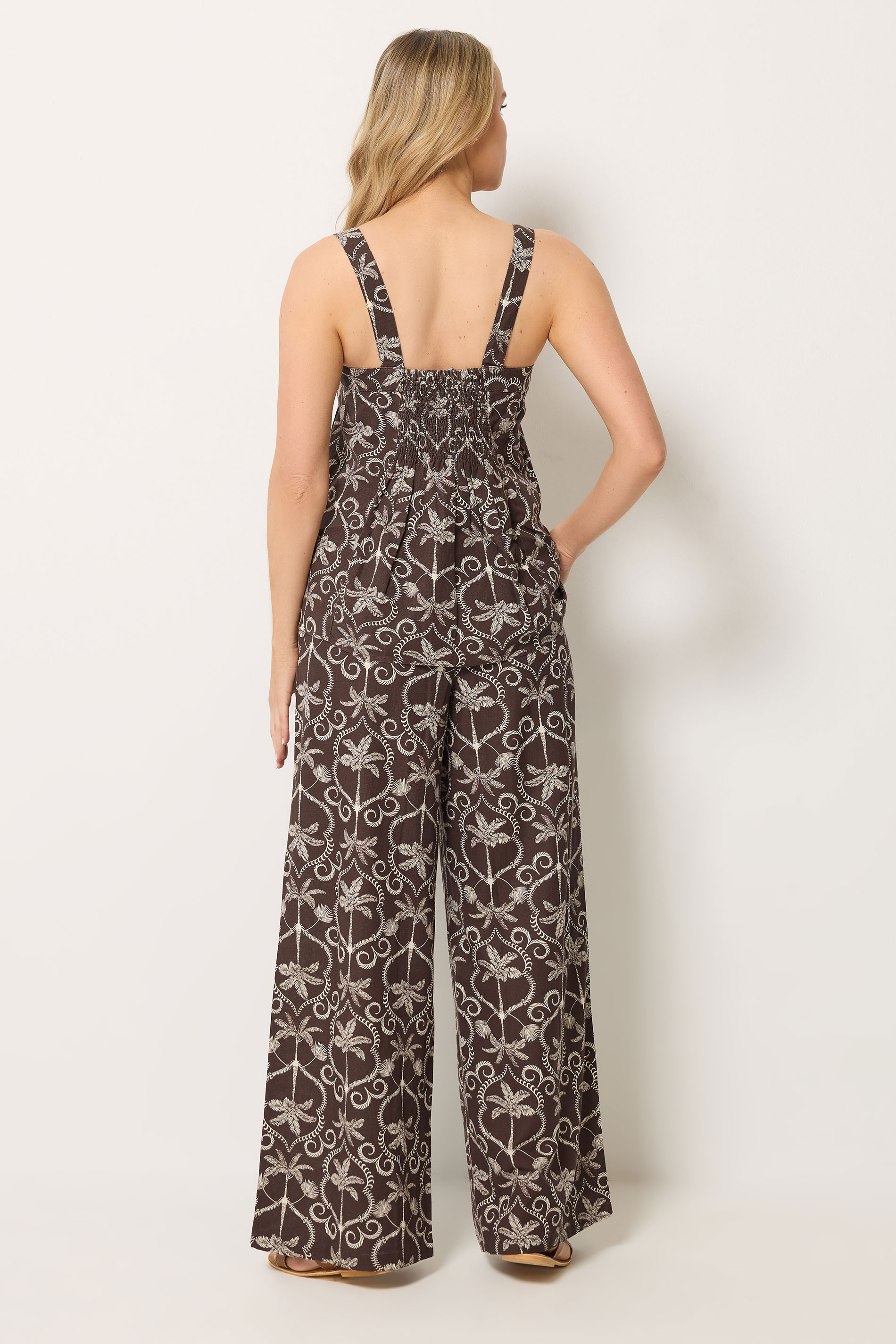 LTS Tall Women's Set Chocolate Brown Palm Linen Vest Top & Wide Leg Trousers | Long Tall Sally 2