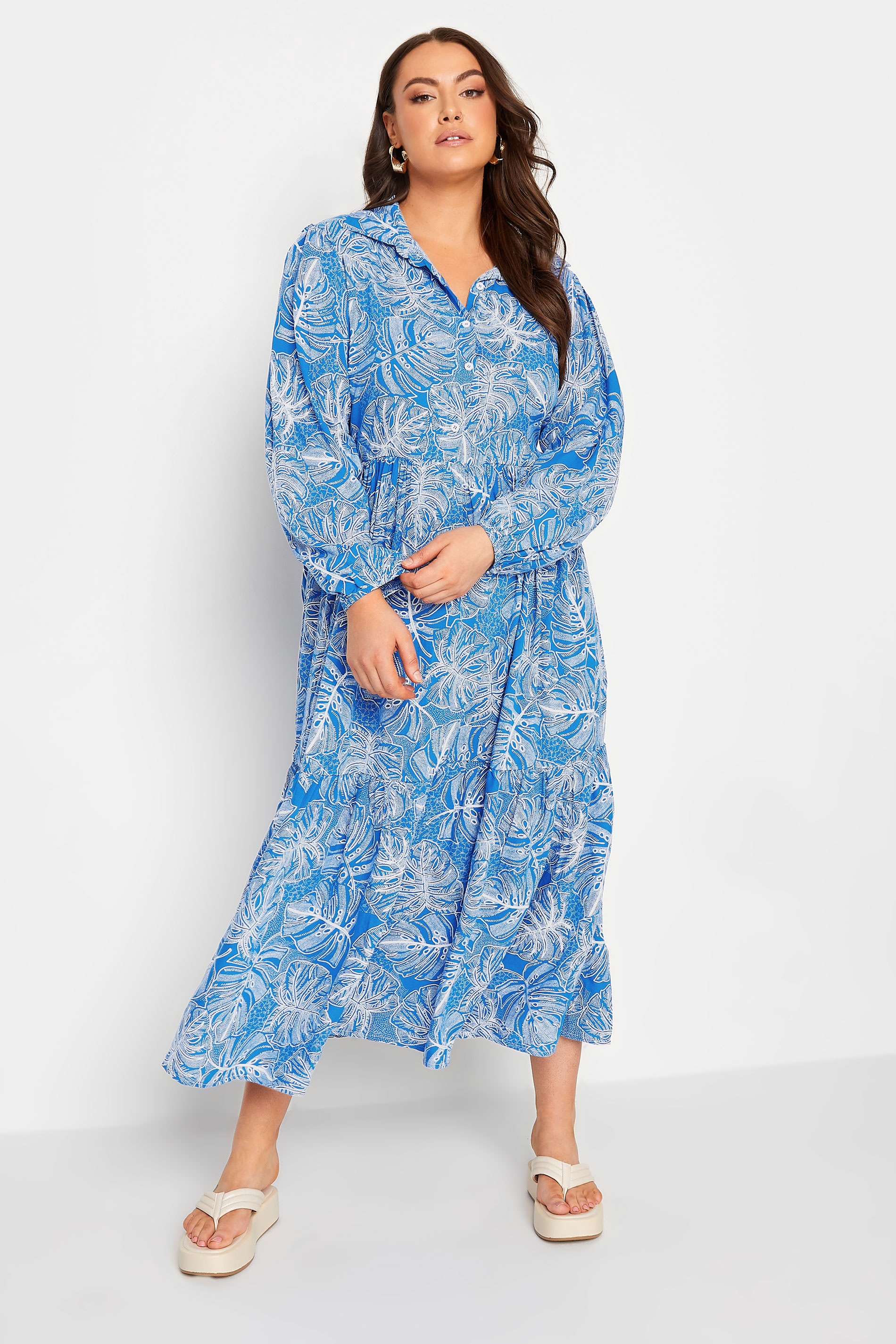 YOURS Plus Size Blue Leaf Print Shirt Dress | Yours Clothing 1