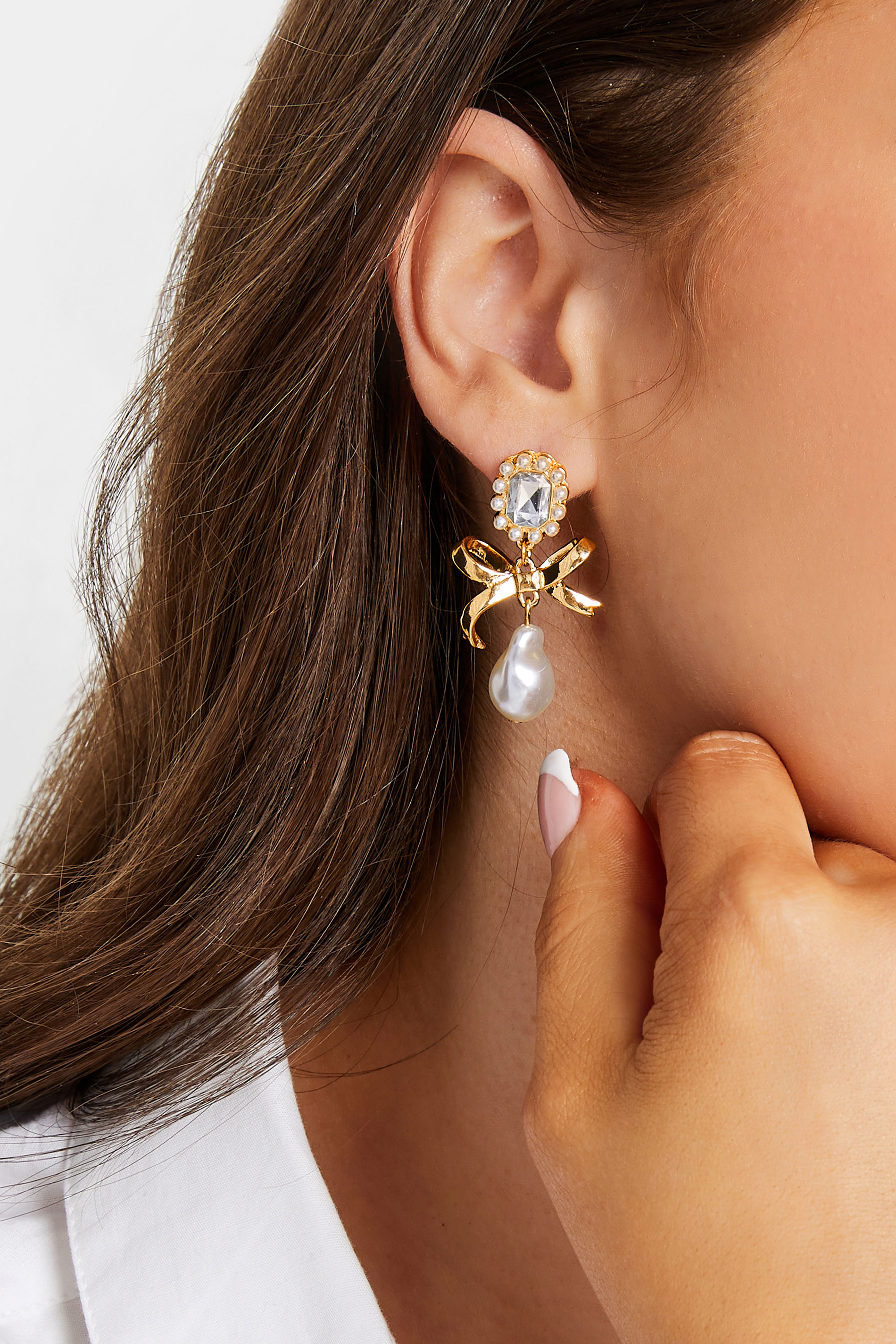 Gold Bow Pearl Drop Earrings | Yours Clothing  1