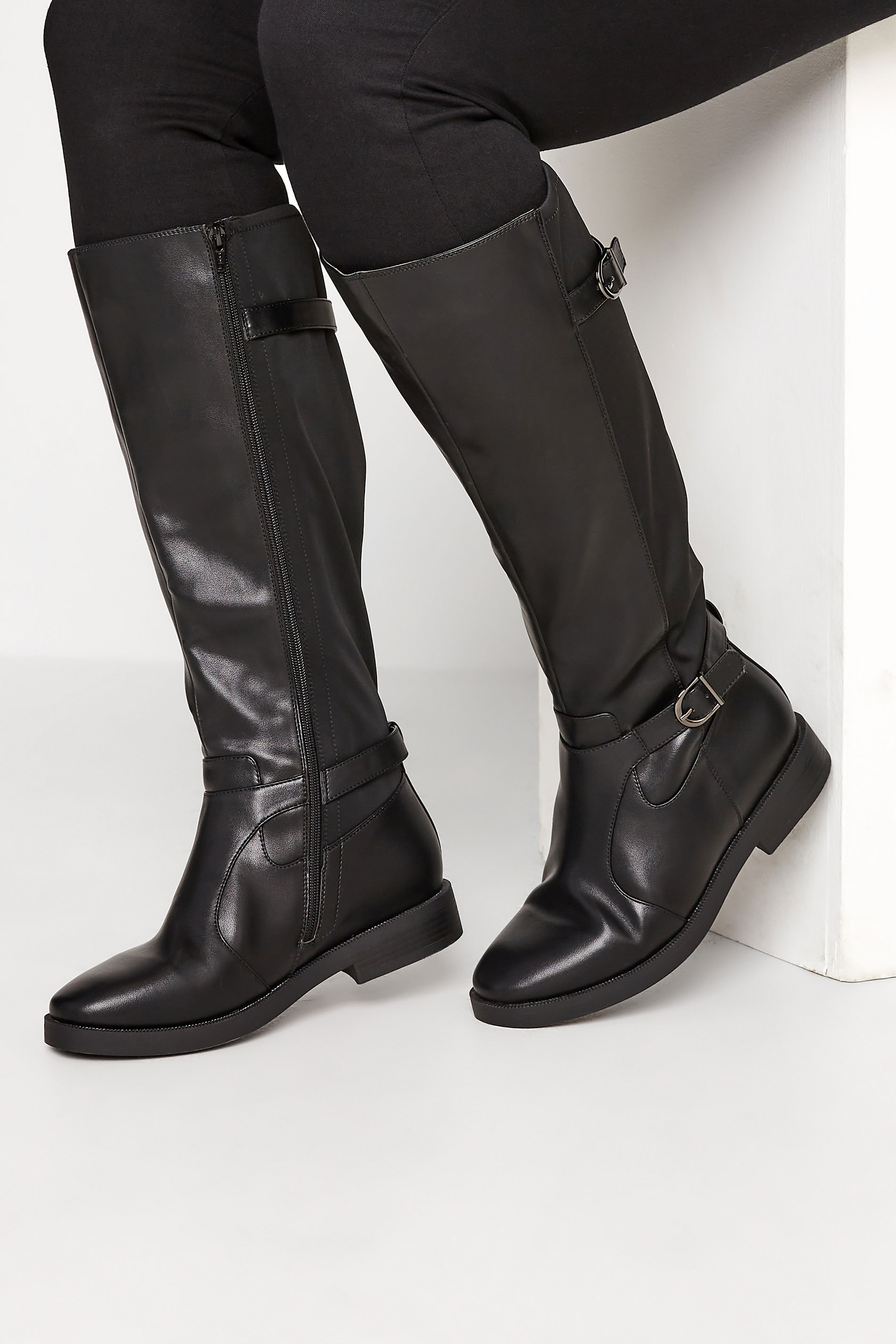 Black Double Strap Knee High Boots In Wide E Fit & Extra Wide EEE Fit 1