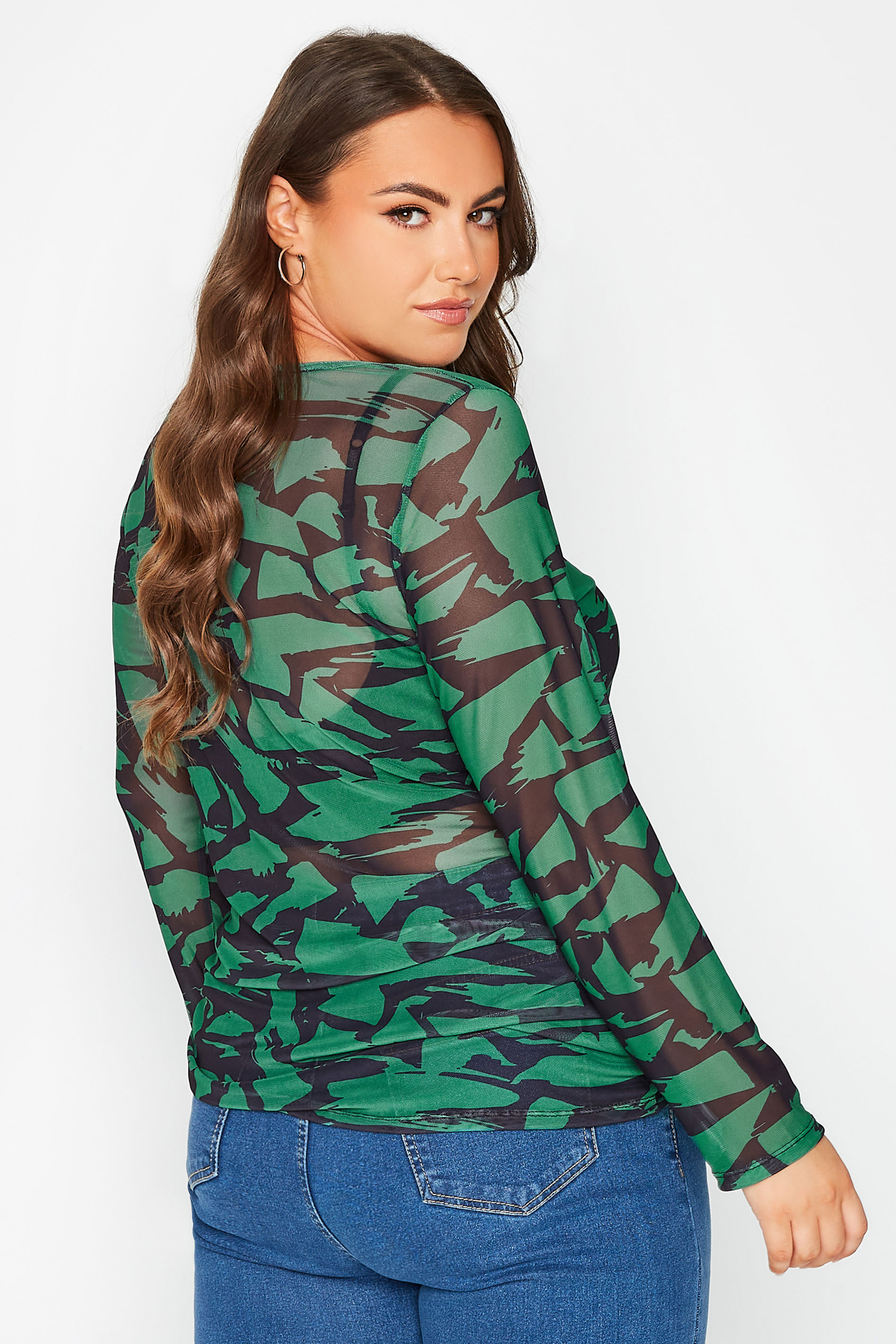 Plus Size Green Abstract Print Long Sleeve Mesh Top | Yours Clothing 3