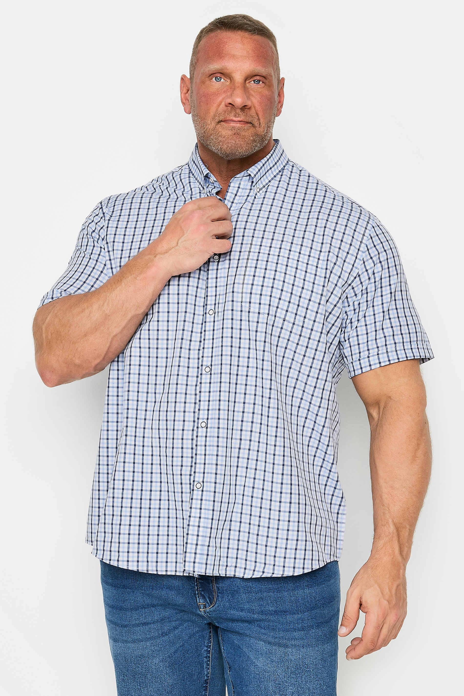 KAM Big & Tall Blue Short Sleeve Gingham Shirt | BadRhino 1