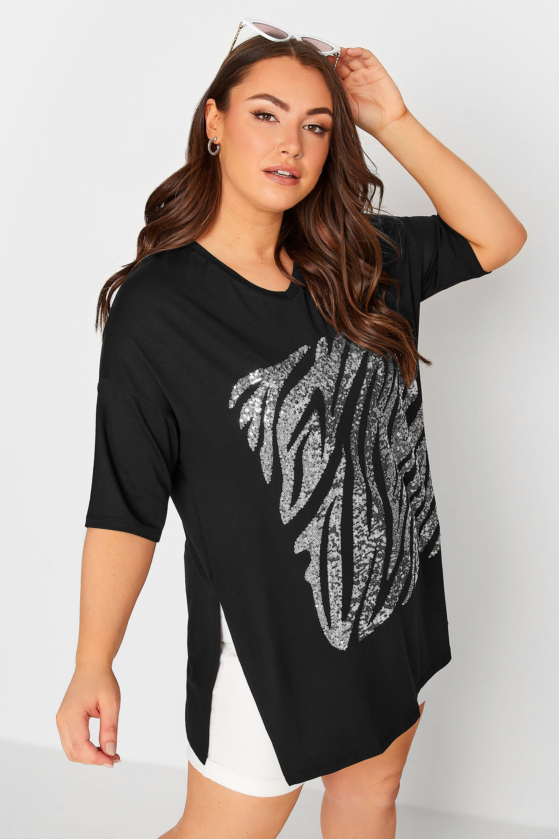 YOURS Plus Size Black Zebra Print Sequin Top | Yours Clothing 2