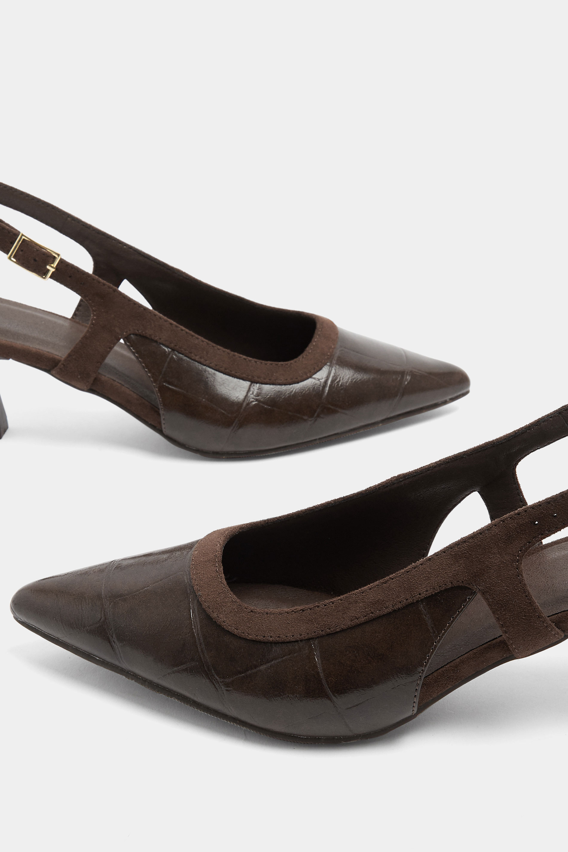 Chocolate Brown Croc Embossed Sling Back Heels In Wide E Fit | Yours Clothing 5