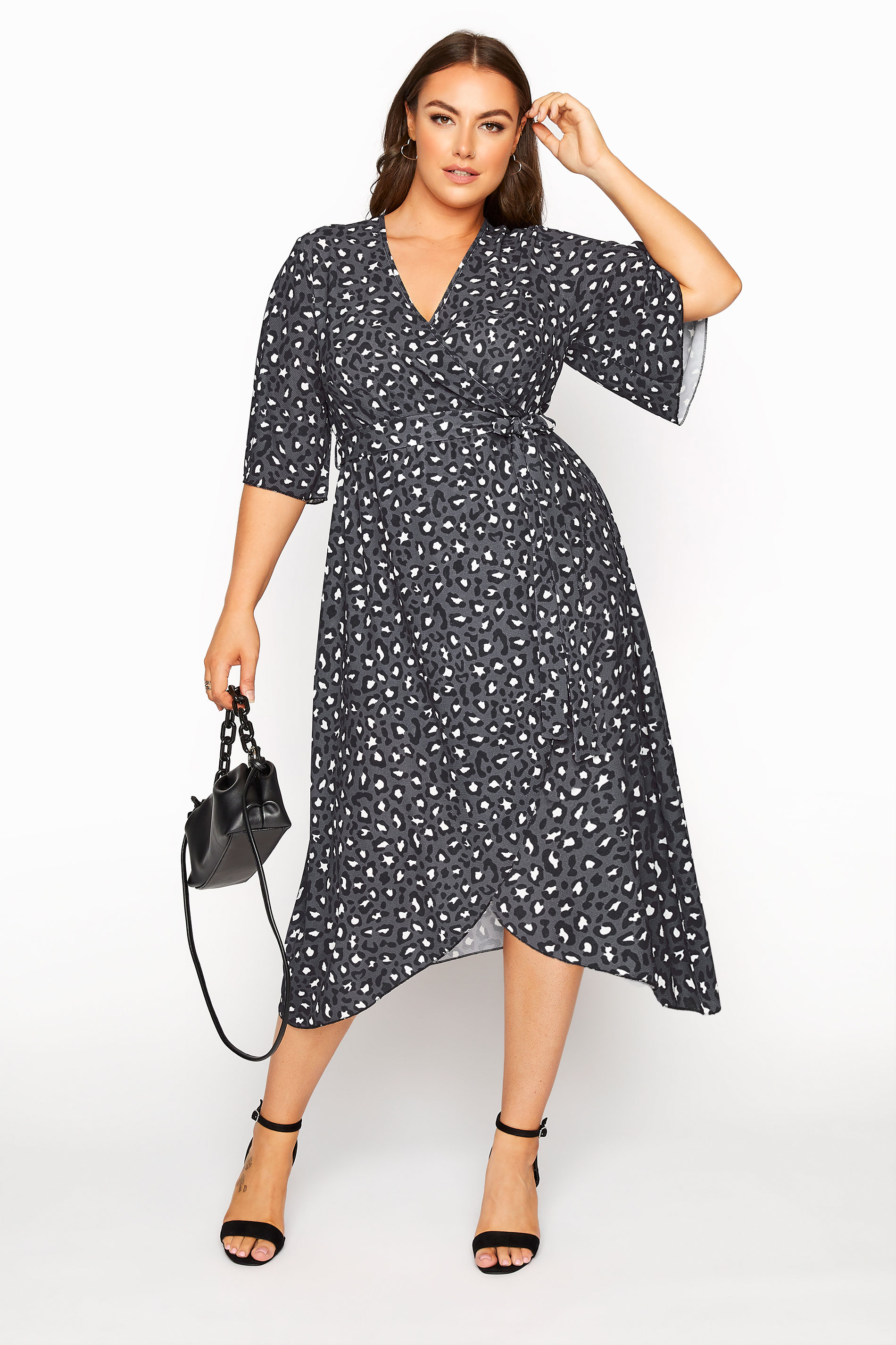 Robes Grande Taille Grande taille  Robes Portefeuilles | YOURS LONDON - Robe Grise Cache-Coeur Léopard - MD07840