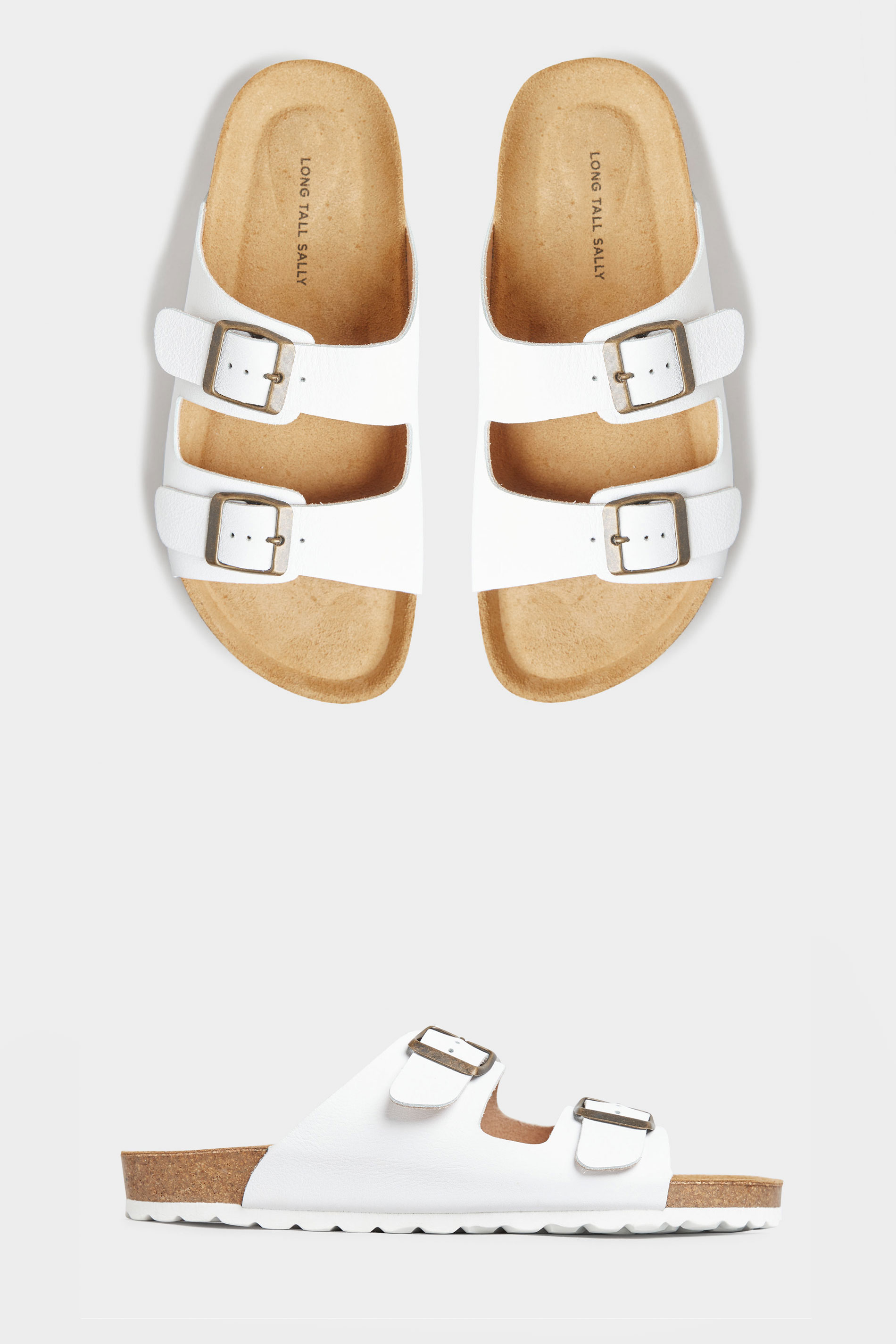 Grande taille  Sandals Grande taille  Flat Sandals | LTS White Leather Two Buckle Footbed Sandals In Standard D Fit - OG67275