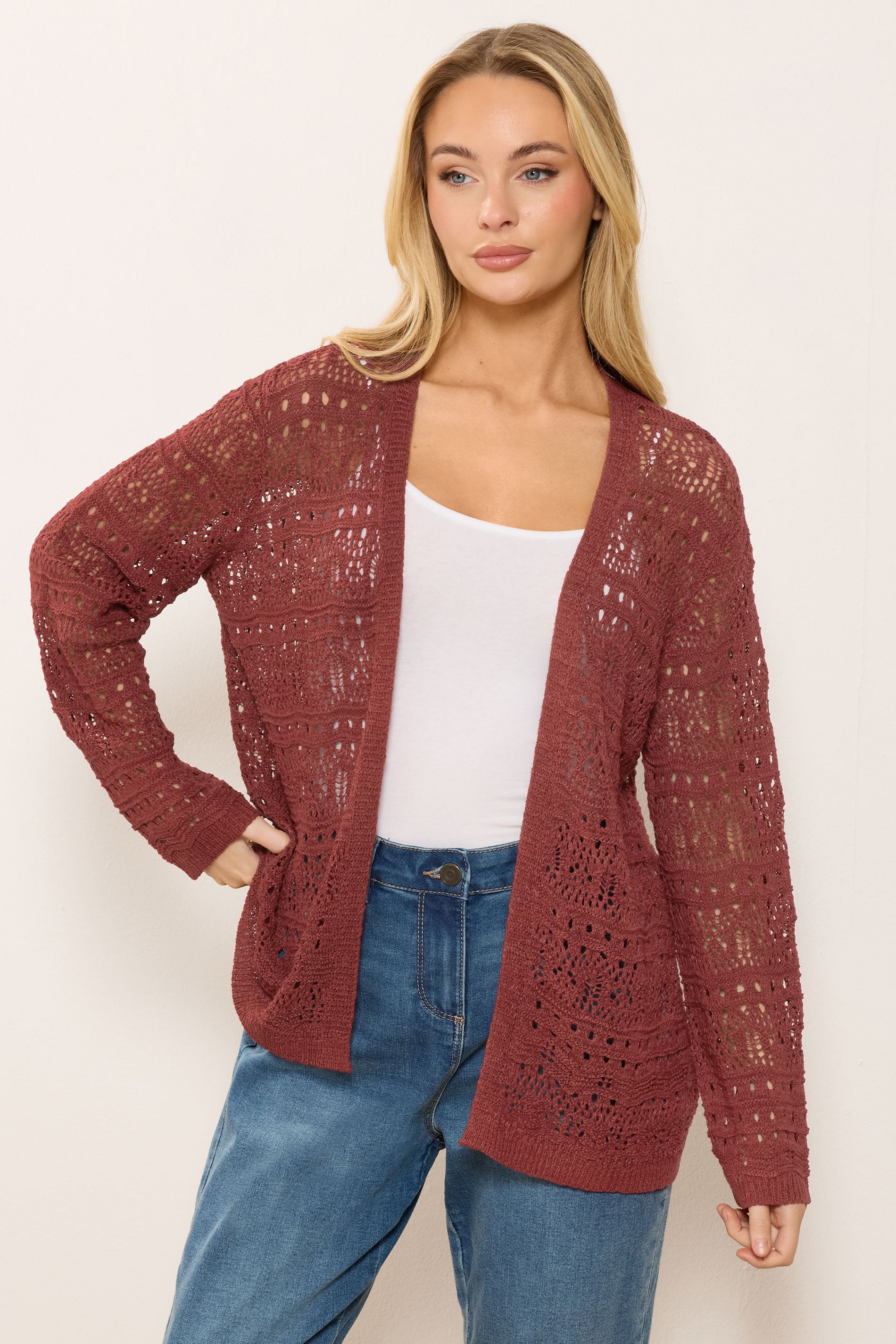 M&Co Berry Red Open Front Crochet Cardigan | M&Co 3