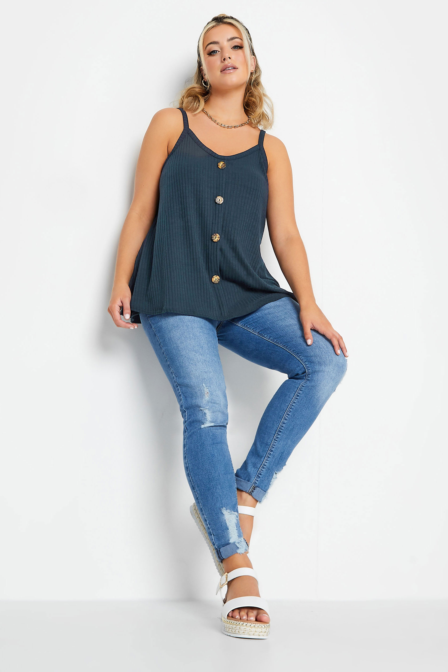 LIMITED COLLECTION Plus Size Navy Blue Ribbed Button Cami Vest Top | Yours Clothing 2