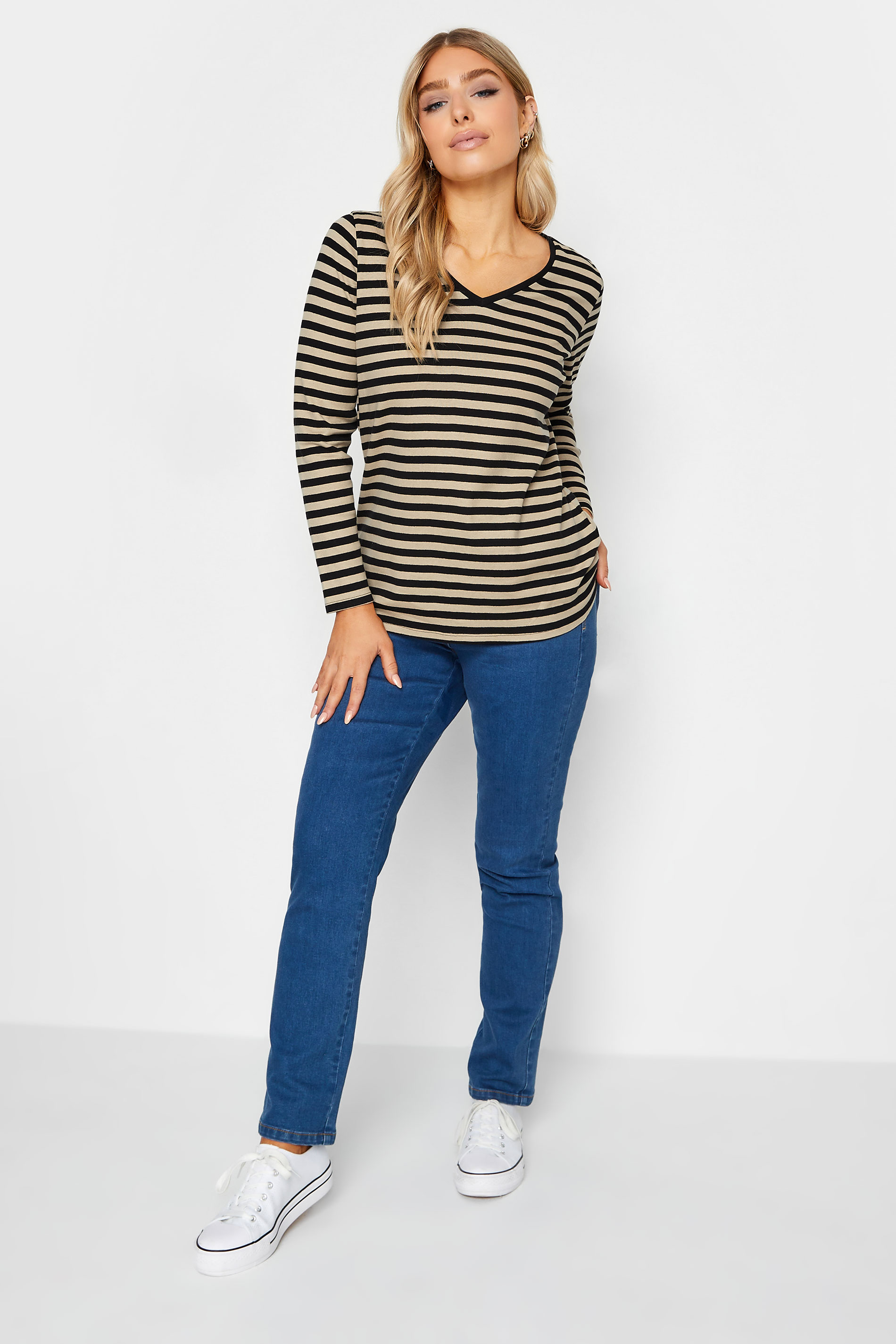 M&Co Beige Brown Stripe V-Neck Cotton Long Sleeve T-Shirt | M&Co 3