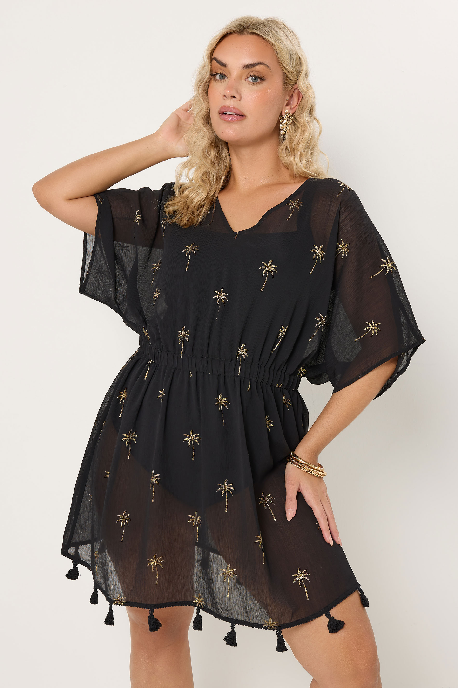 YOURS Plus Size Black Foil Palm Tree Beach Kimono | Yours Clothing 1