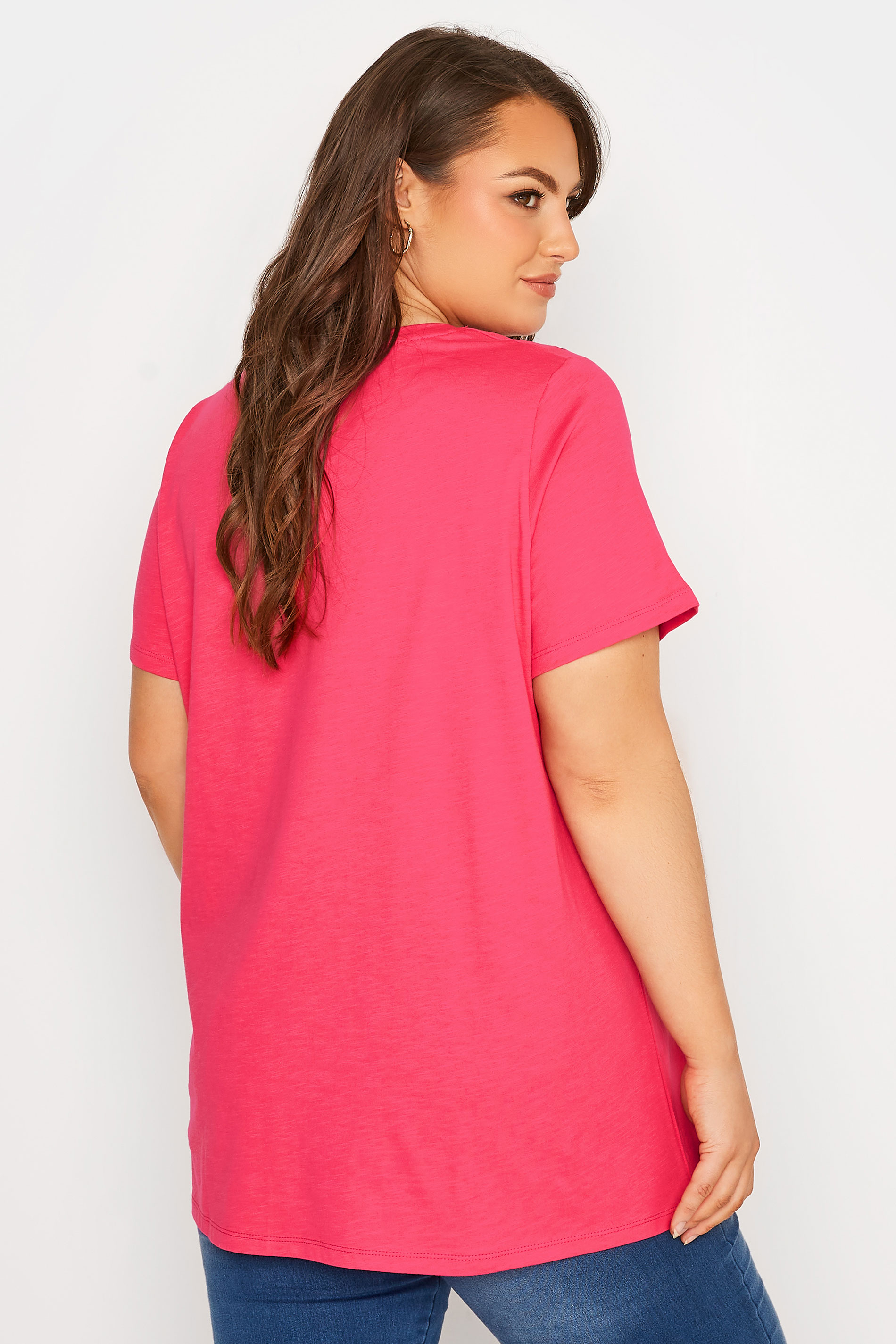 Plus Size Hot Pink Broderie Anglaise Neckline T-Shirt | Yours Clothing 3