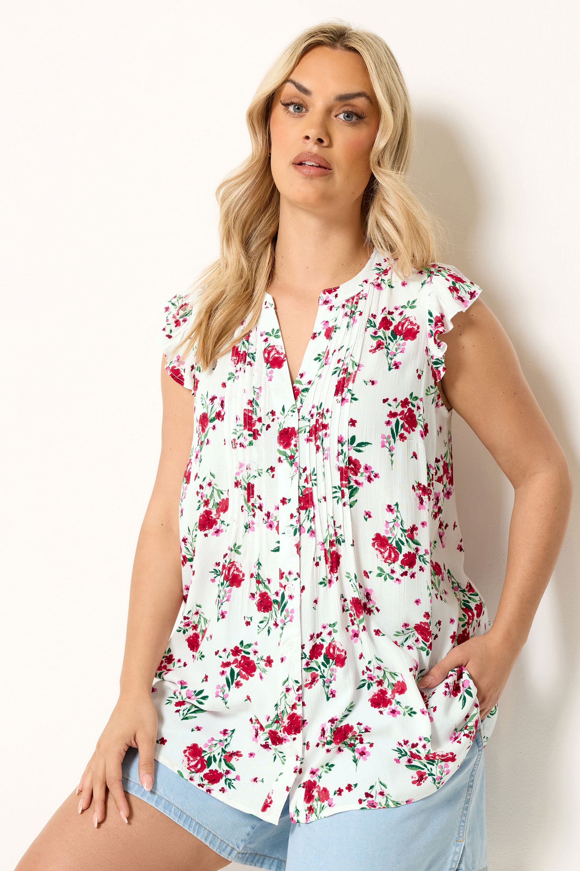 YOURS Plus Size White Floral Sleeveless Pintuck Top| Yours Clothing 3