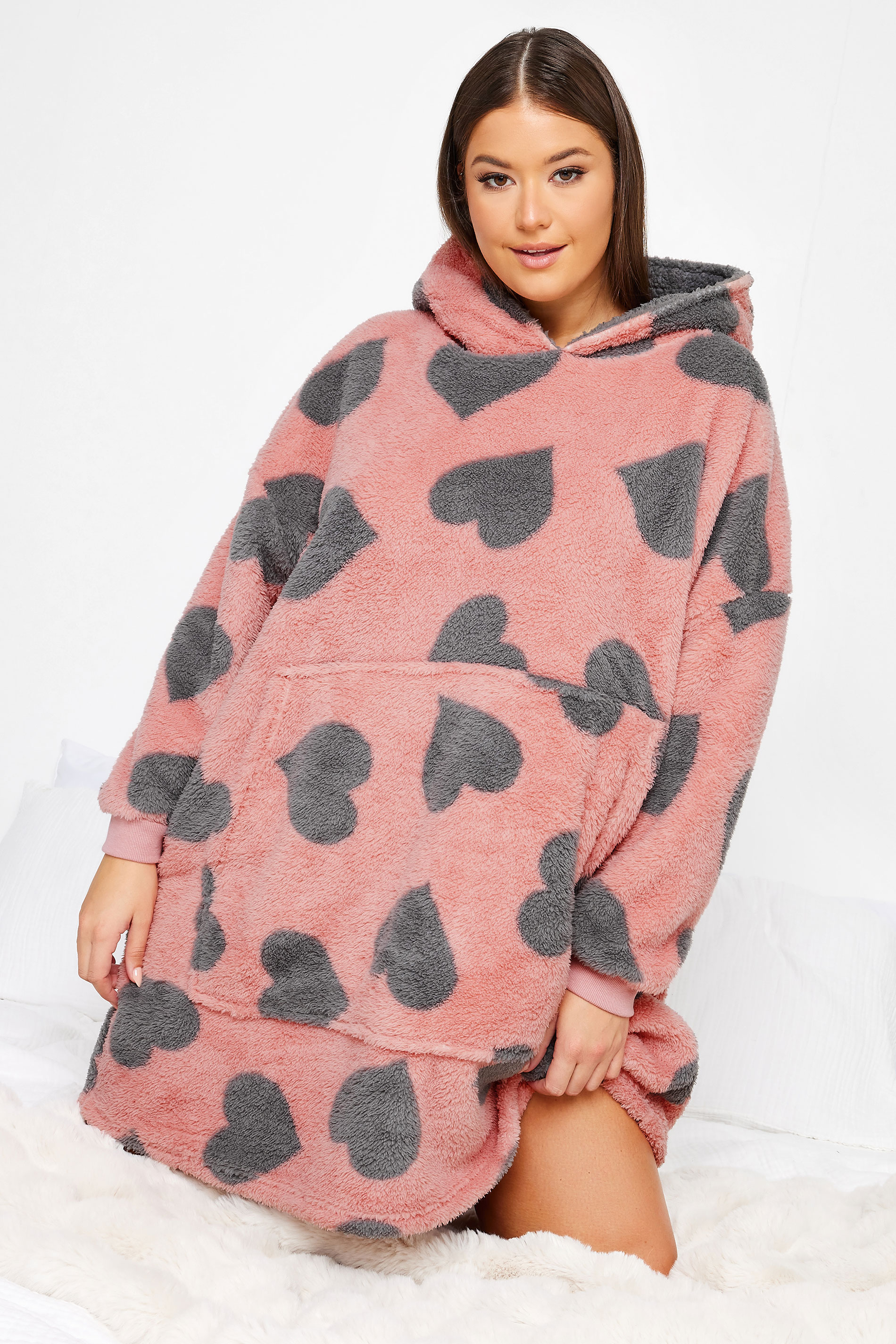YOURS Plus Size Pink & Grey Heart Print Snuggle Hoodie | Yours Clothing 1