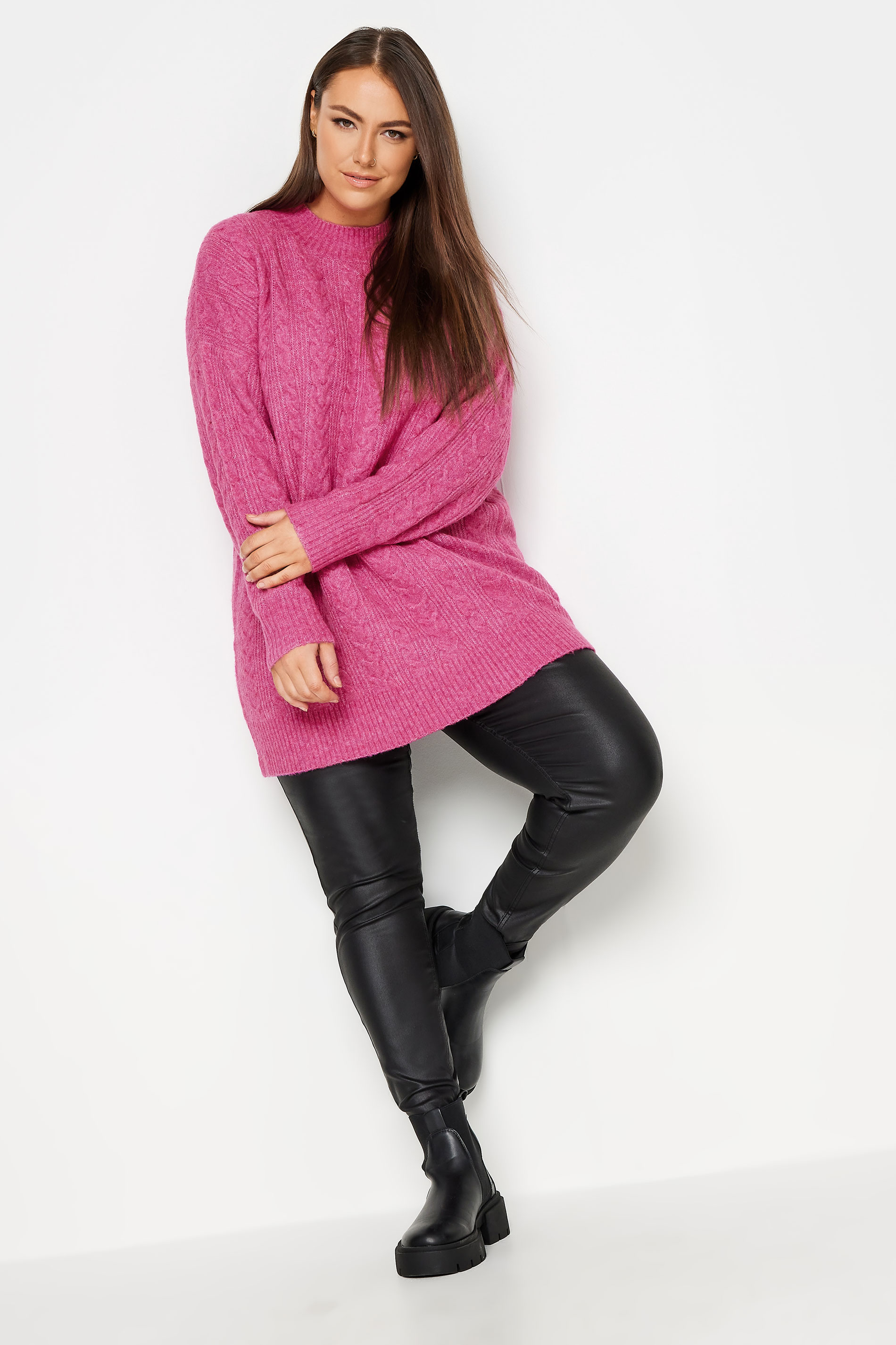 YOURS Plus Size Pink Cable Knit Turtle Neck Jumper | Yours Clothing 2