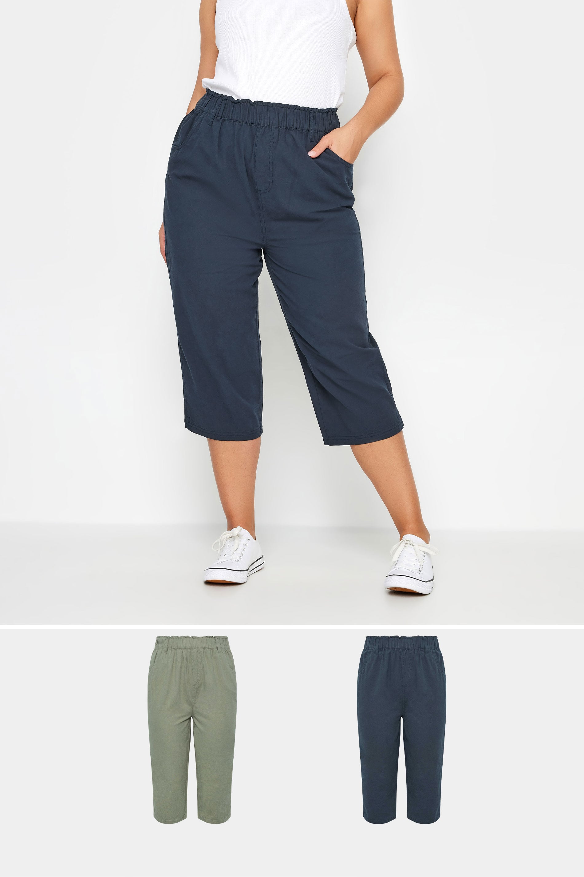 YOURS 2 PACK Plus Size Khaki Green & Navy Blue Cool Cotton Cropped Trousers | Yours Clothing 1