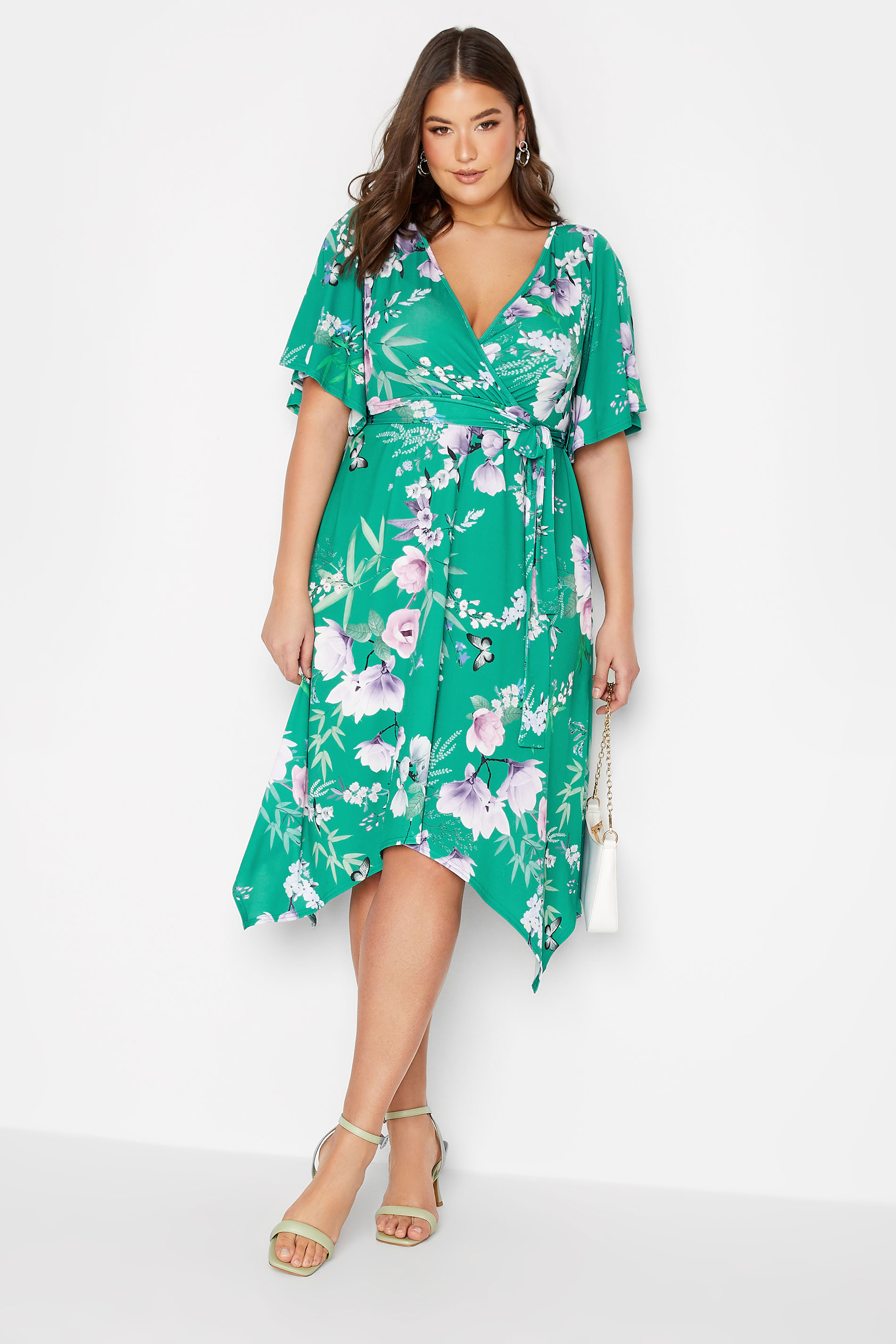 YOURS LONDON Plus Size Green Floral Hanky Hem Dress | Yours Clothing 2
